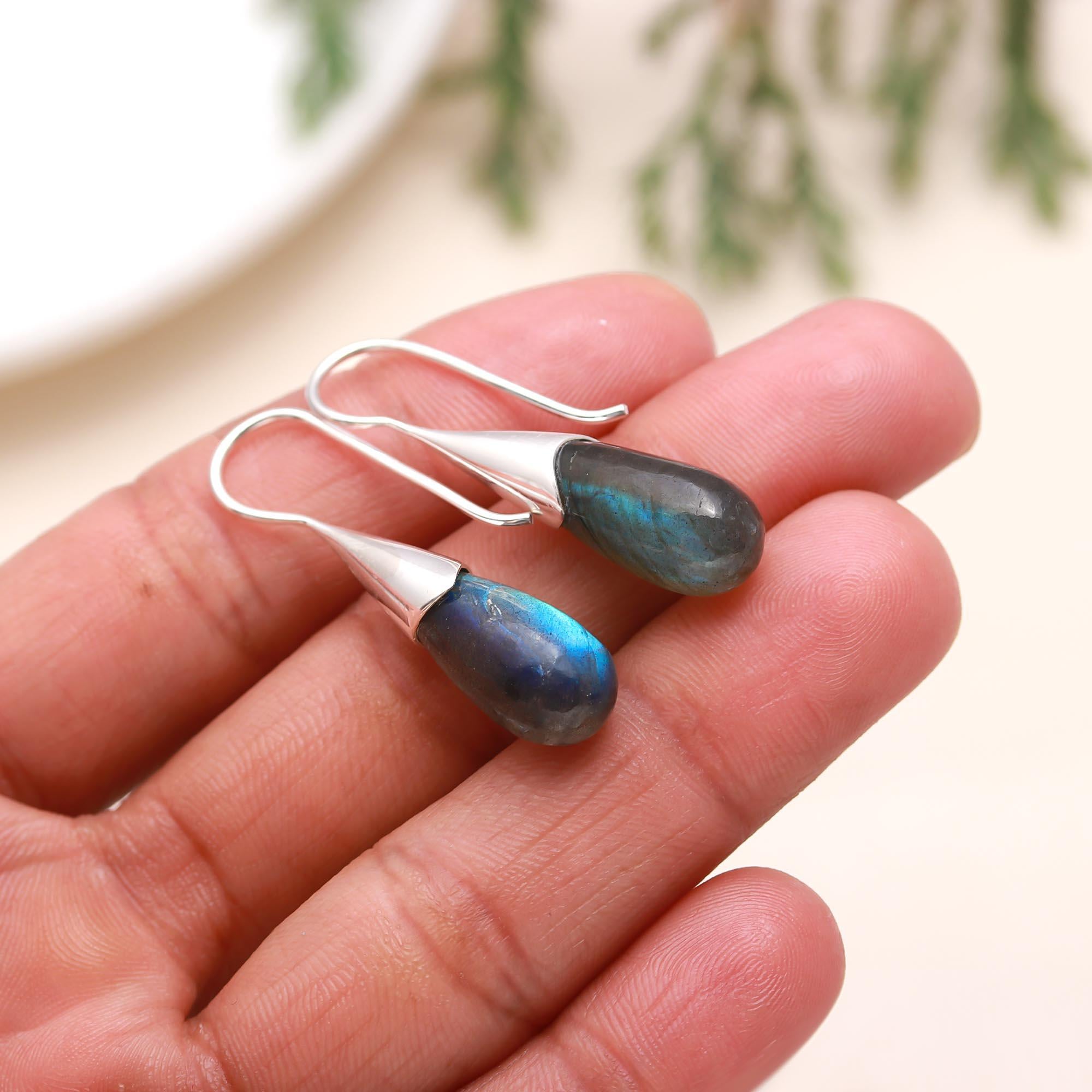 Handmade 925 Sterling Silver Labradorite Teardrop Dangle Earrings