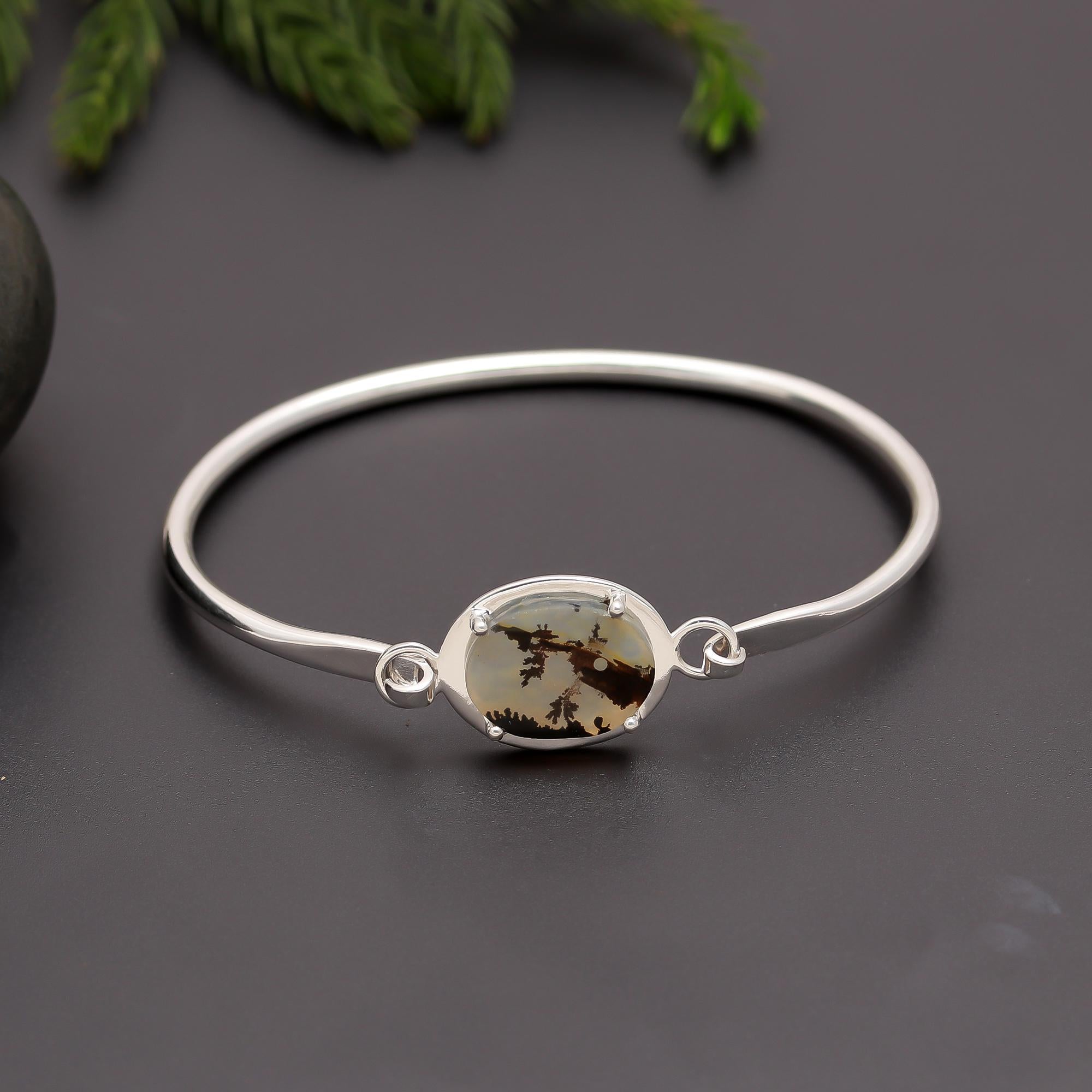 925 Silver Dendritic Agate Bangle Bracelet
