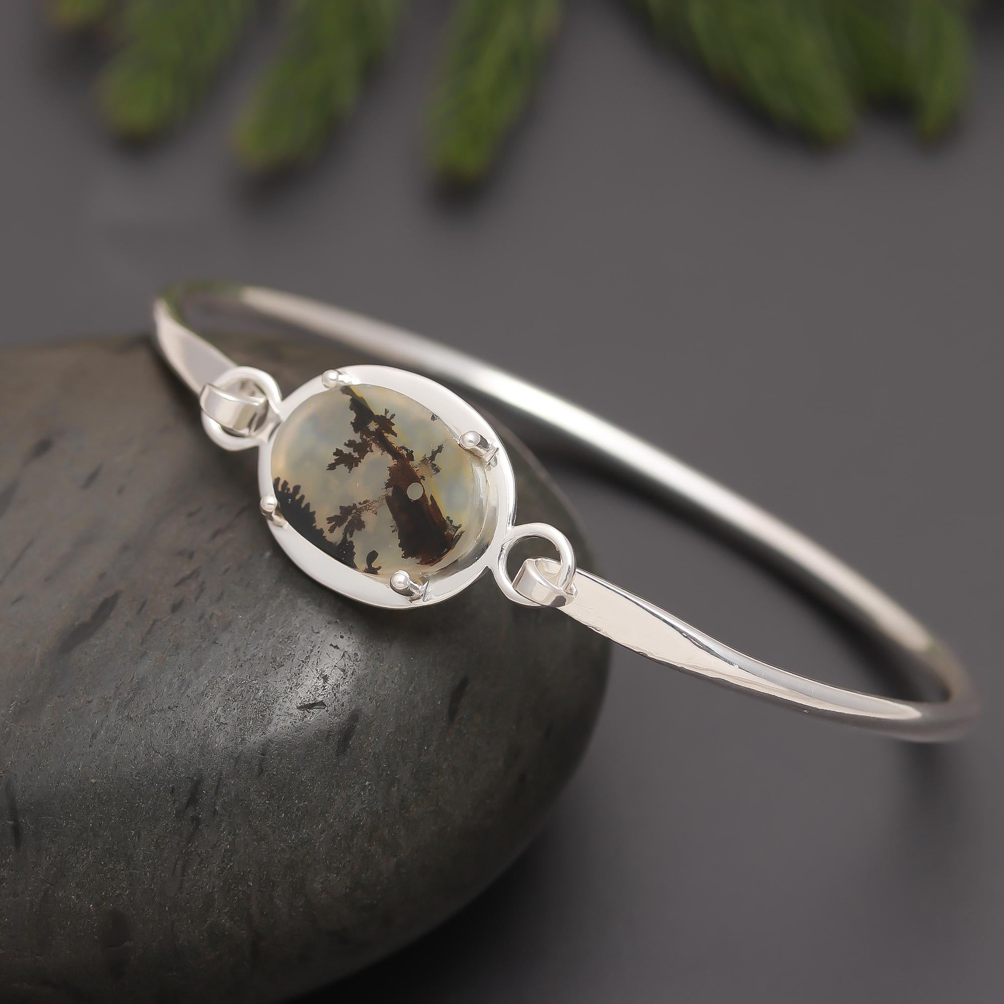 925 Silver Dendritic Agate Bangle Bracelet