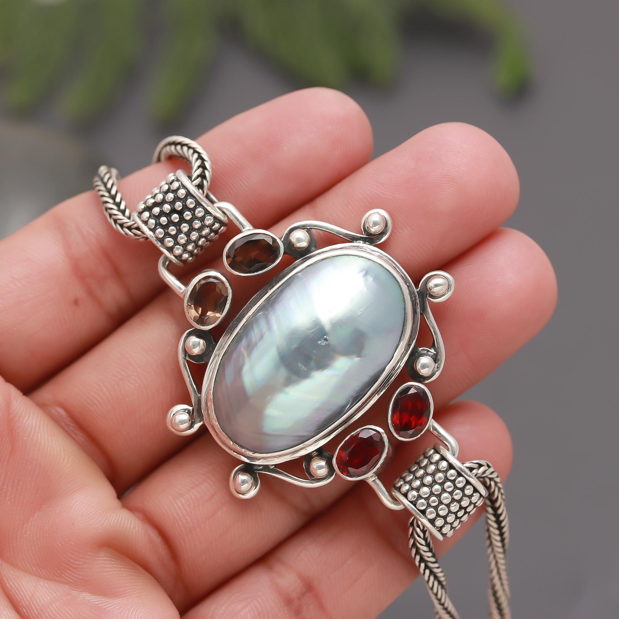 925 Silver Mother of Pearl, Garnet & Smoky Quartz Statement Bracelet