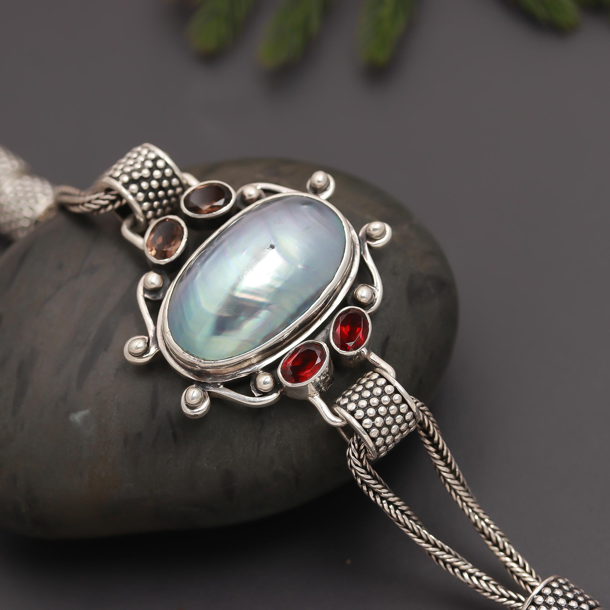 925 Silver Mother of Pearl, Garnet & Smoky Quartz Statement Bracelet