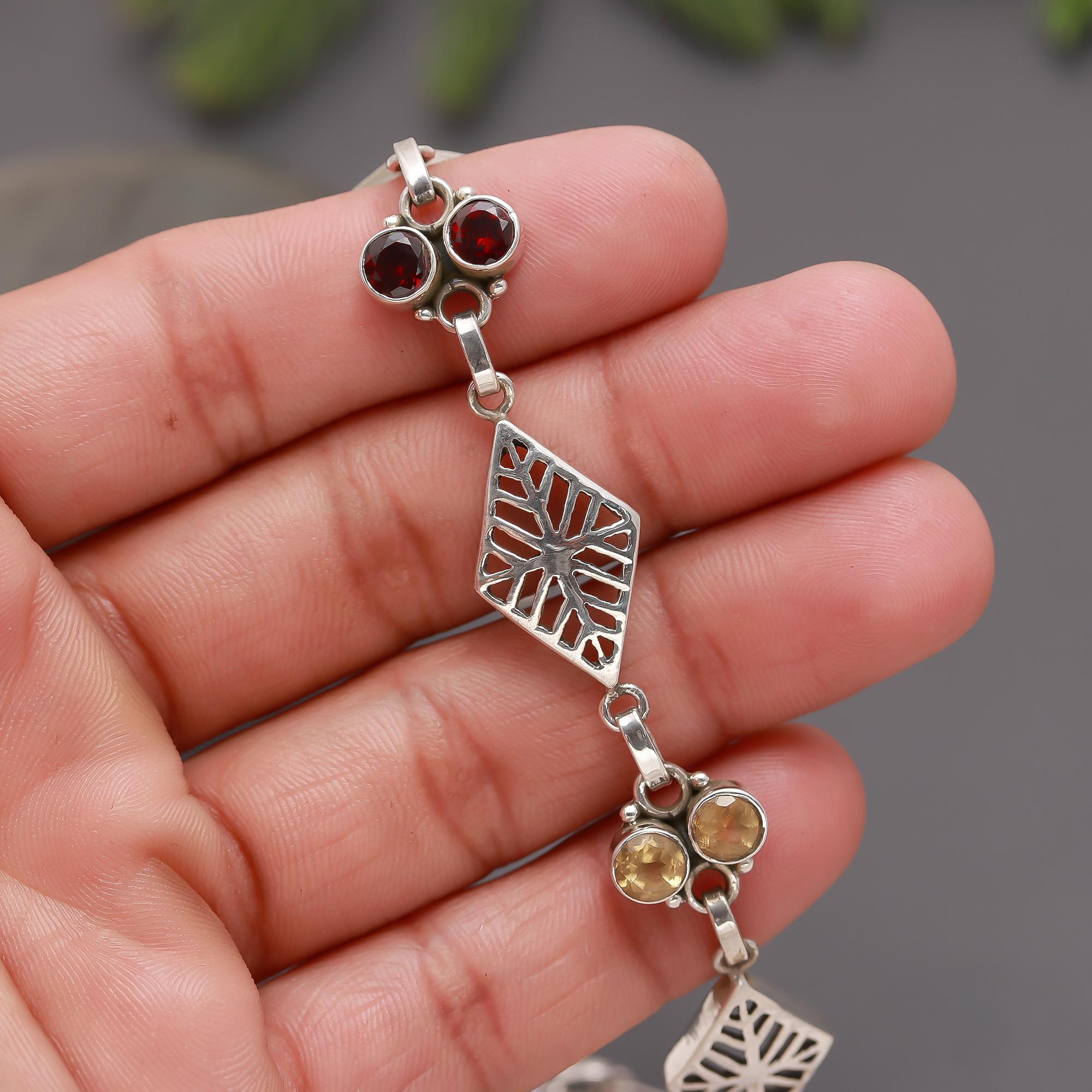 925 Silver Garnet & Citrine Link Bracelet