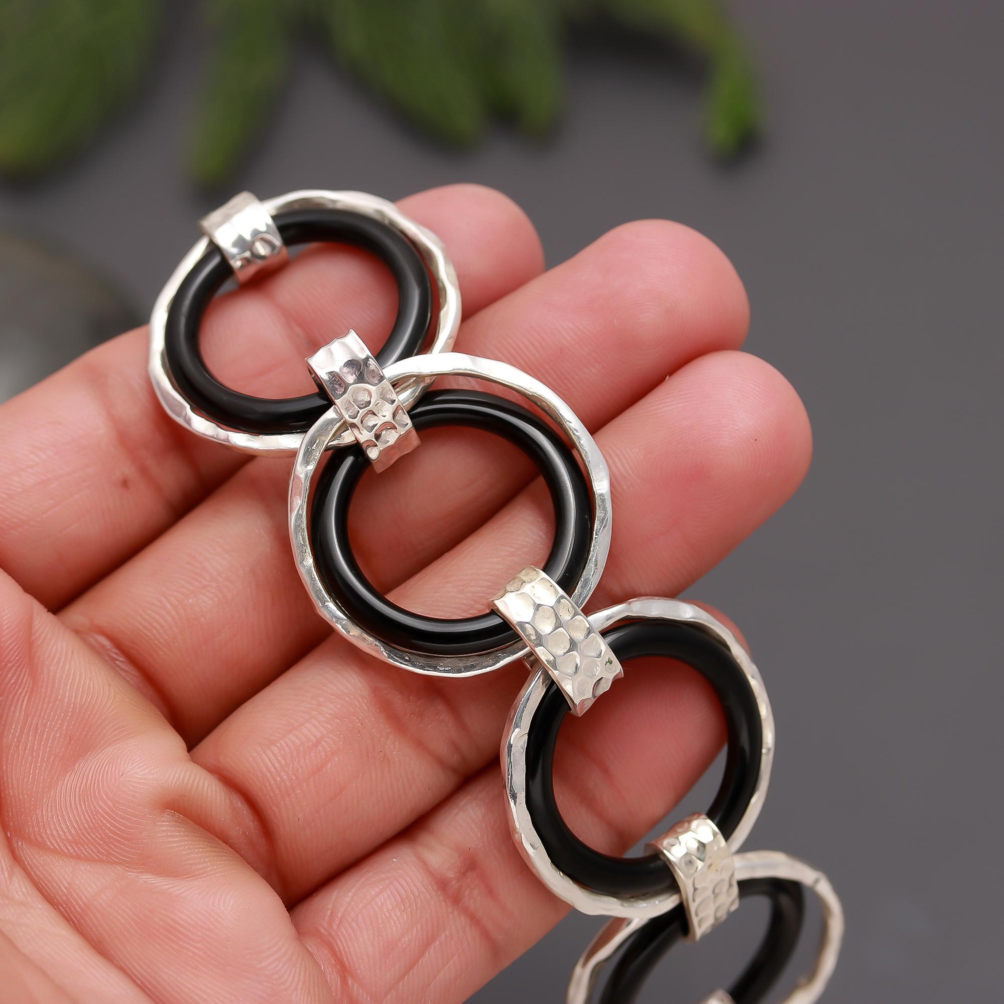 925 Silver & Black Onyx Circle Link Statement Bracelet