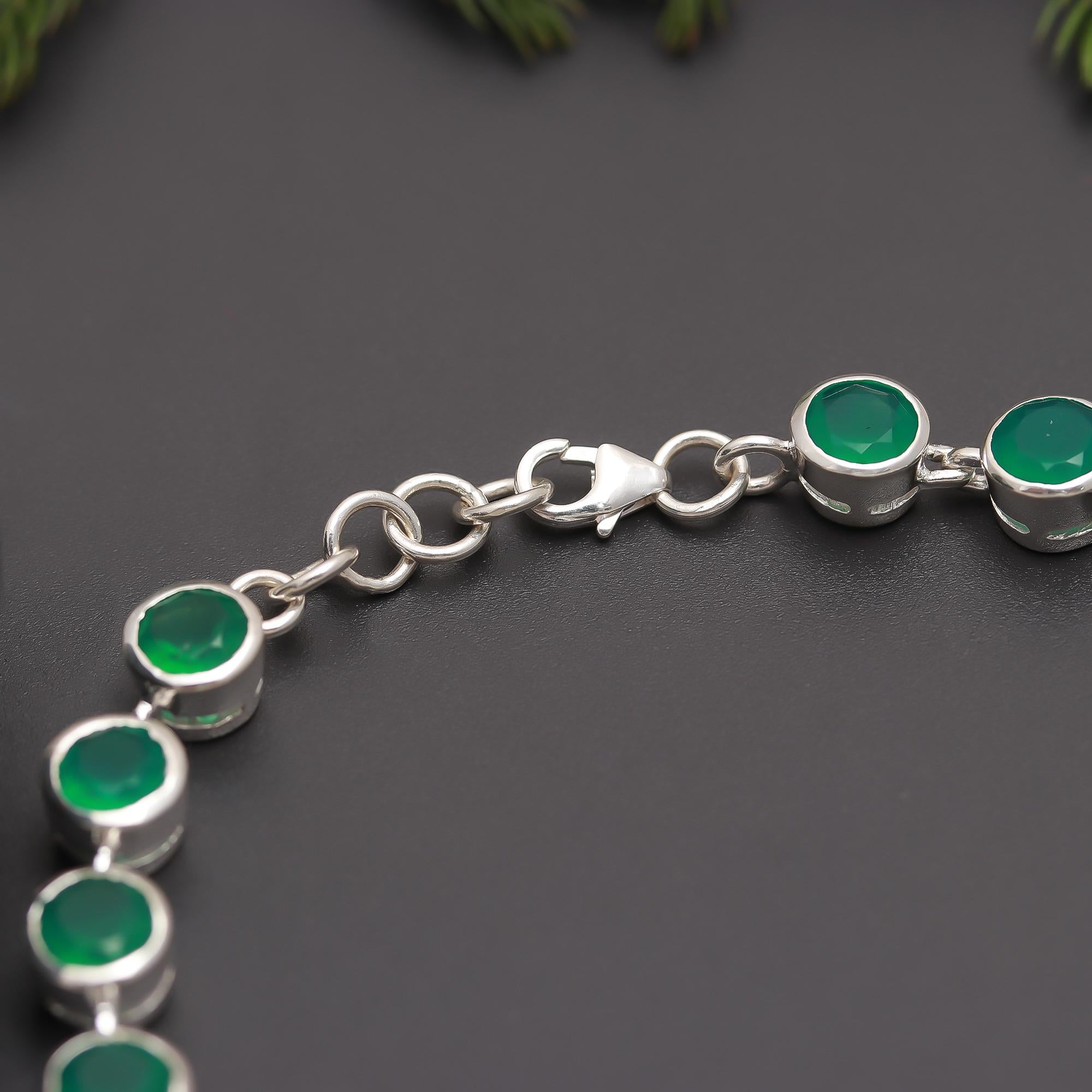 925 Silver Round Green Onyx Link Bracelet