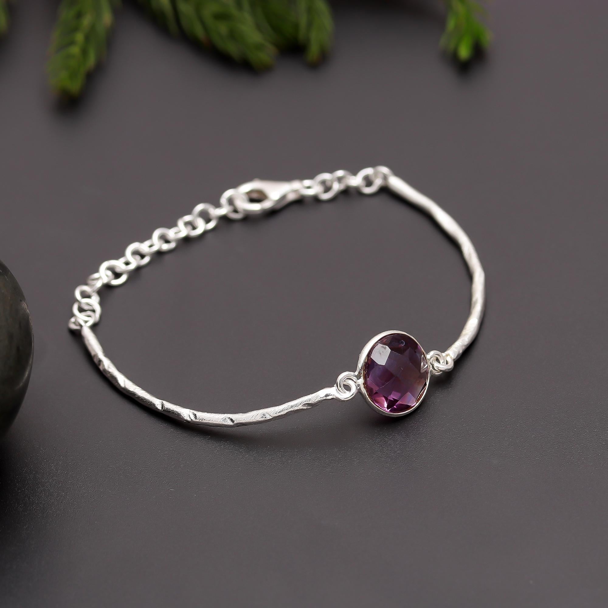 925 Silver Round Amethyst Hammered Bracelet