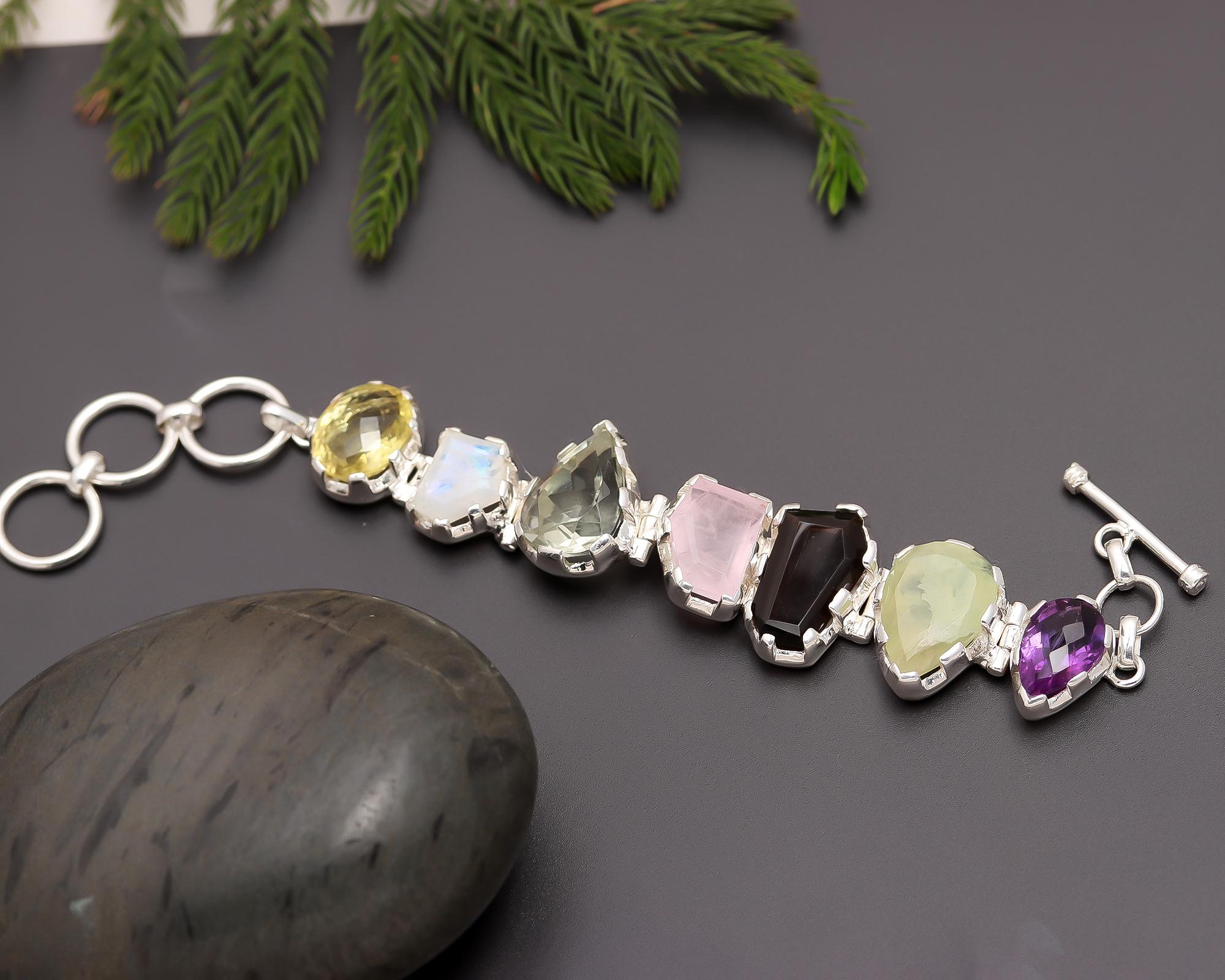 925 Silver Raw Gemstone Multicolor Statement Bracelet