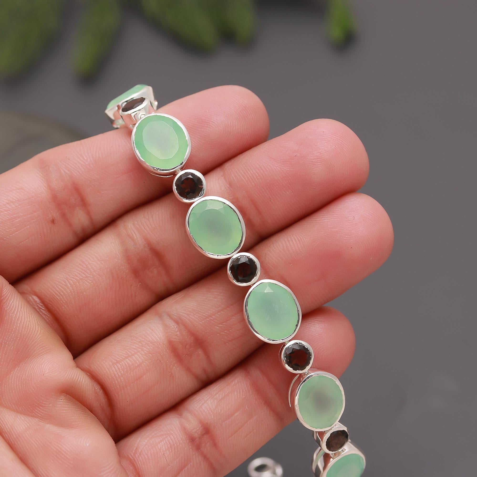 925 Silver Green Chalcedony & Smoky Quartz Link Bracelet