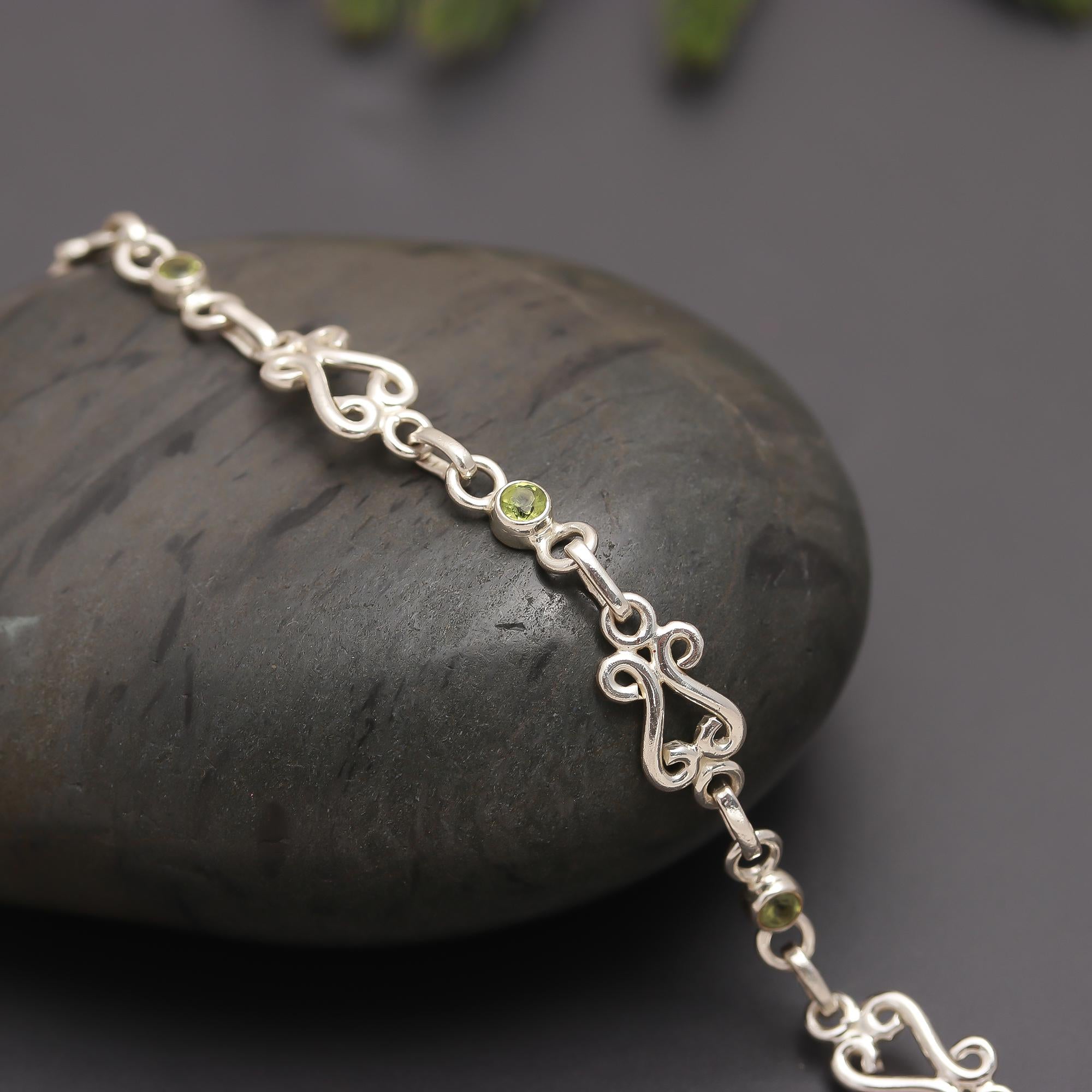 925 Silver Round Peridot Scroll Link Bracelet