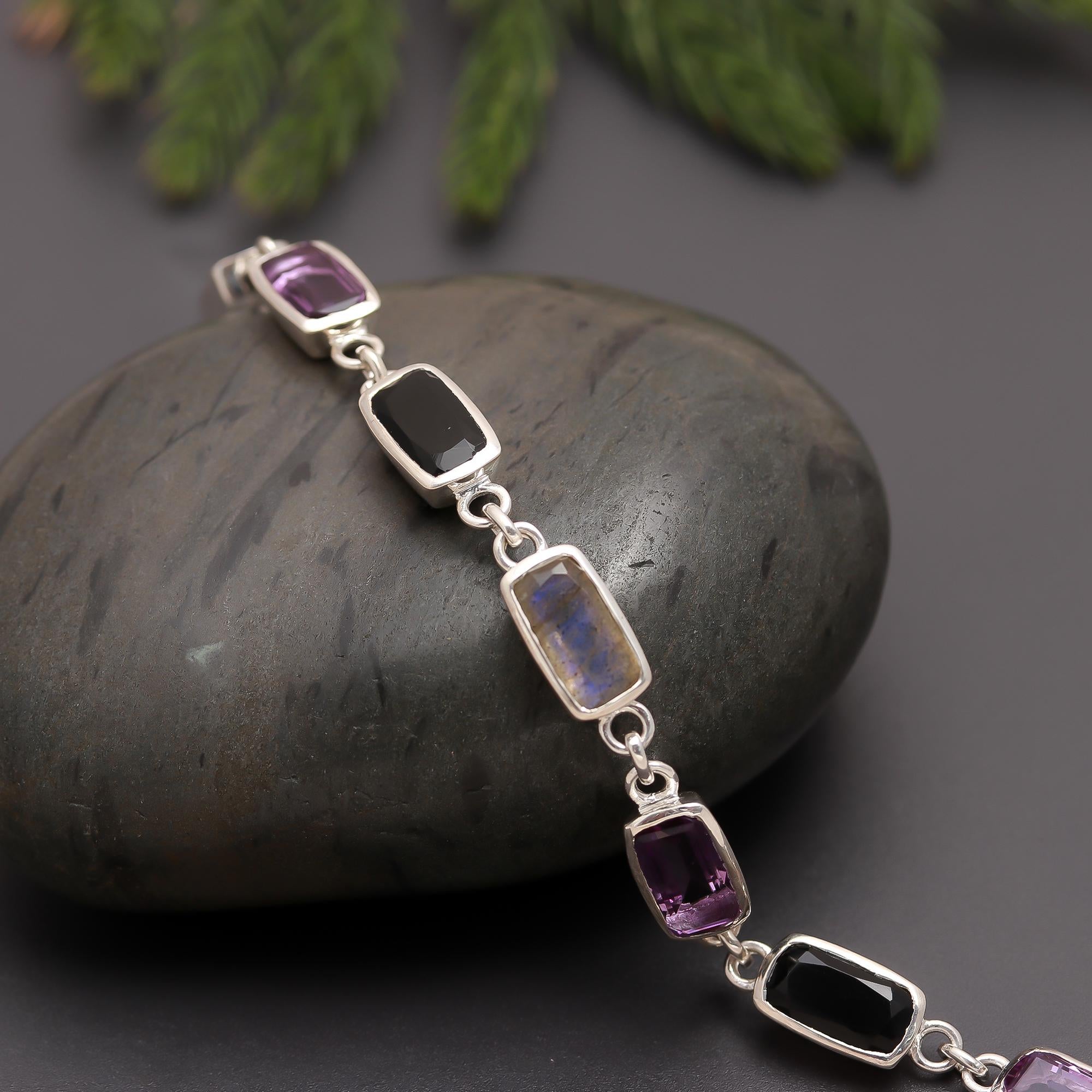 925 Silver Multi-Gemstone Link Bracelet