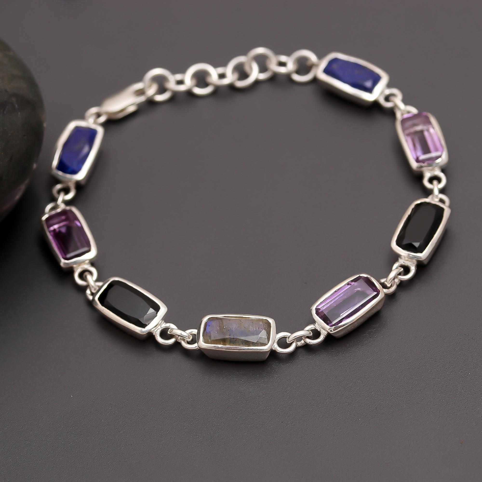 925 Silver Multi-Gemstone Link Bracelet