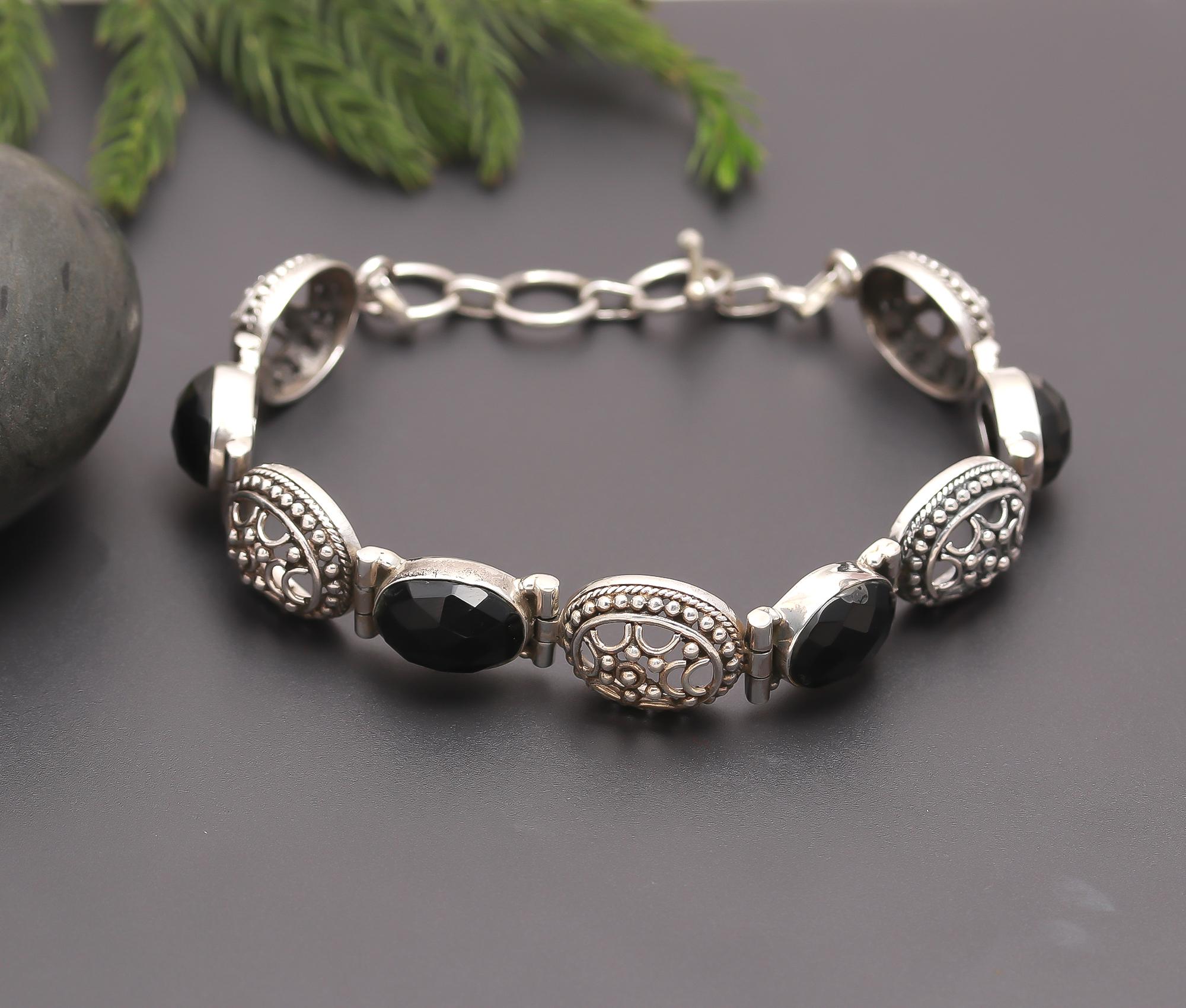 925 Silver Oval Black Onyx & Filigree Link Bracelet