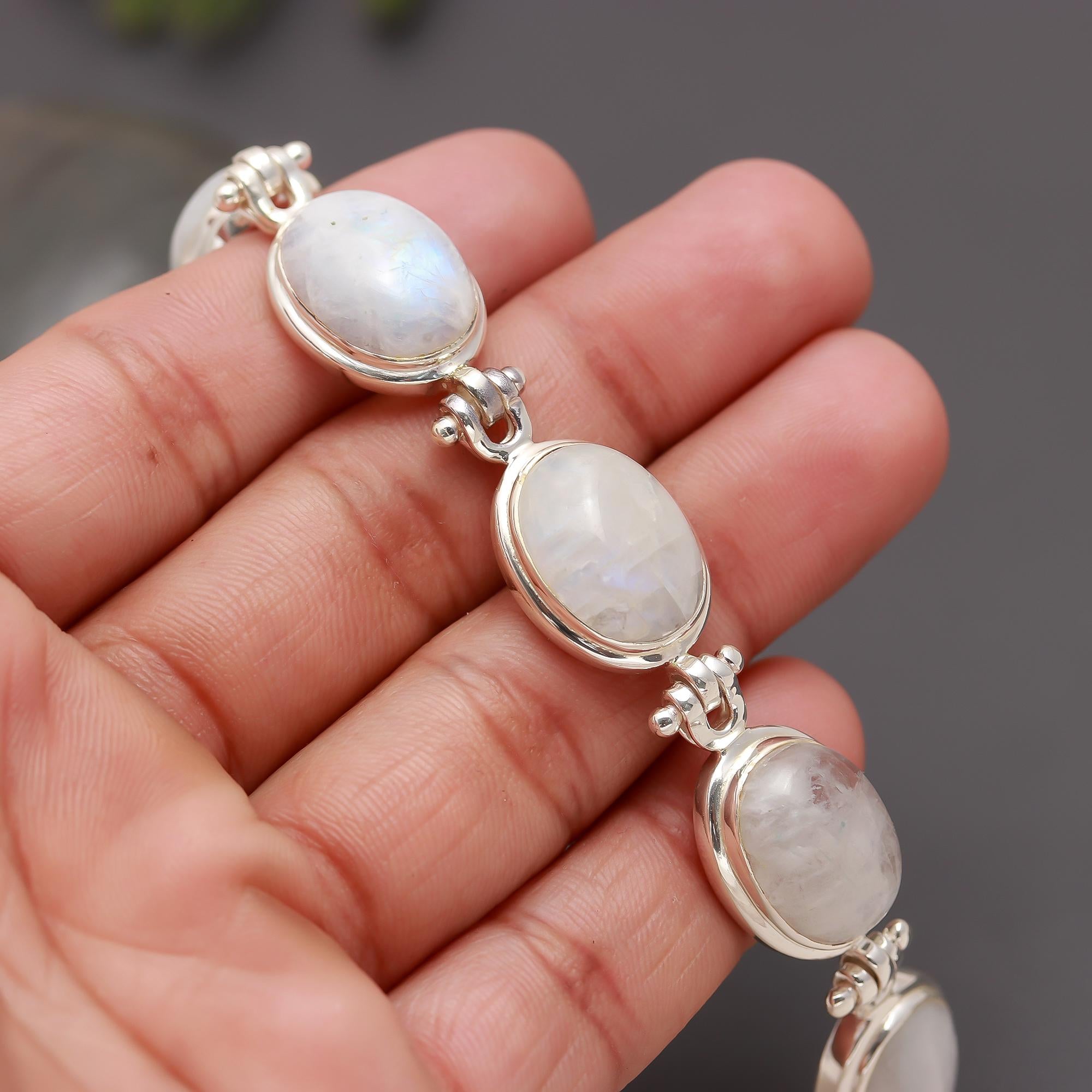 925 Silver Oval Moonstone Link Bracelet