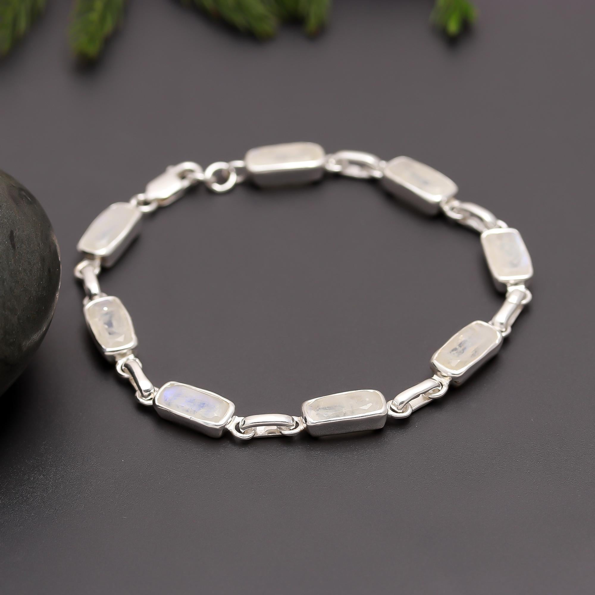 925 Silver Rainbow Moonstone Link Bracelet