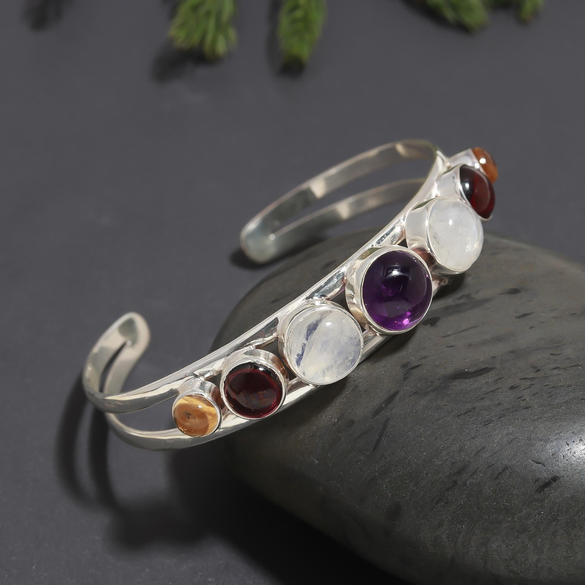 925 Silver Multi-Gemstone Cuff Bracelet