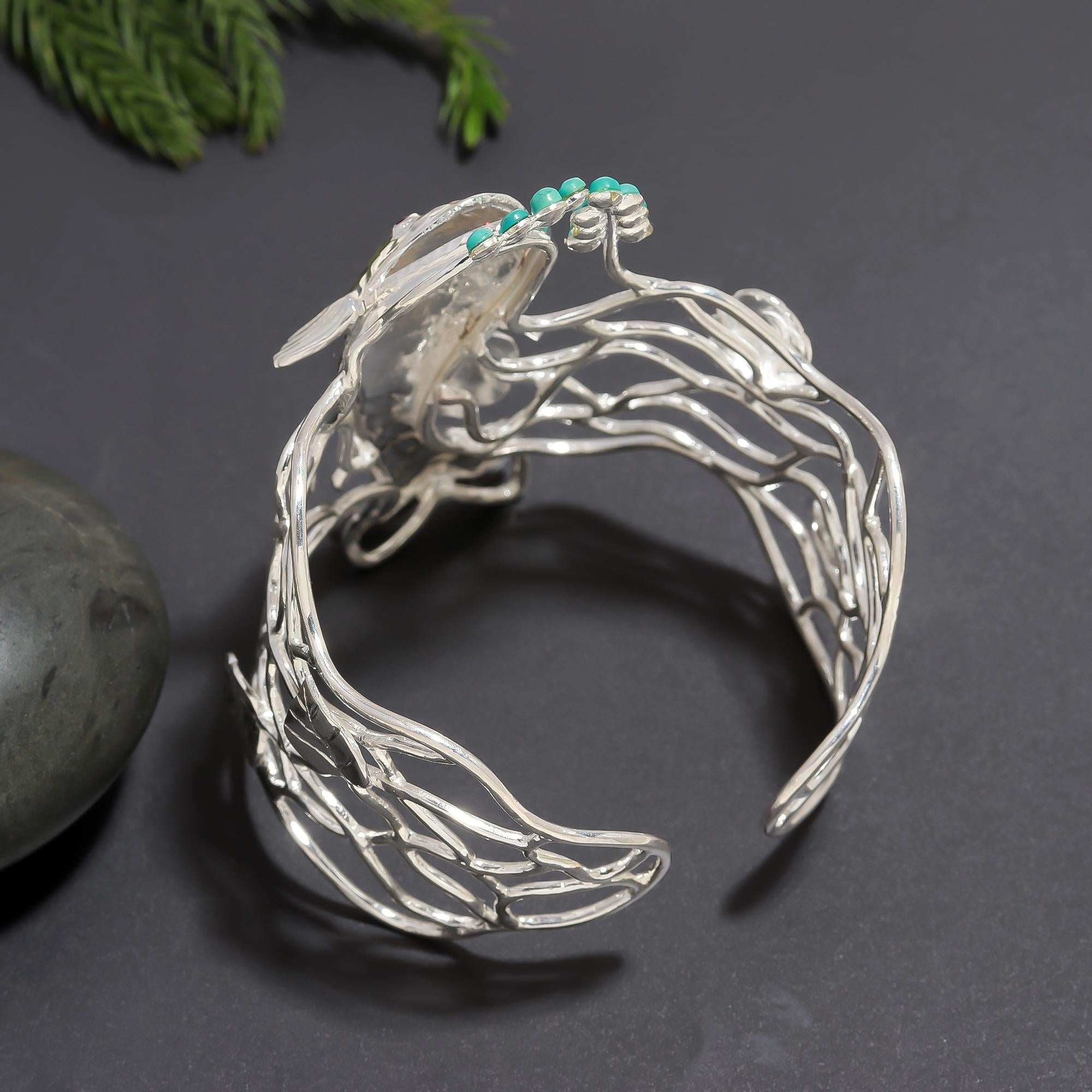 925 Silver Turquoise Koi Fish Openwork Cuff Bracelet