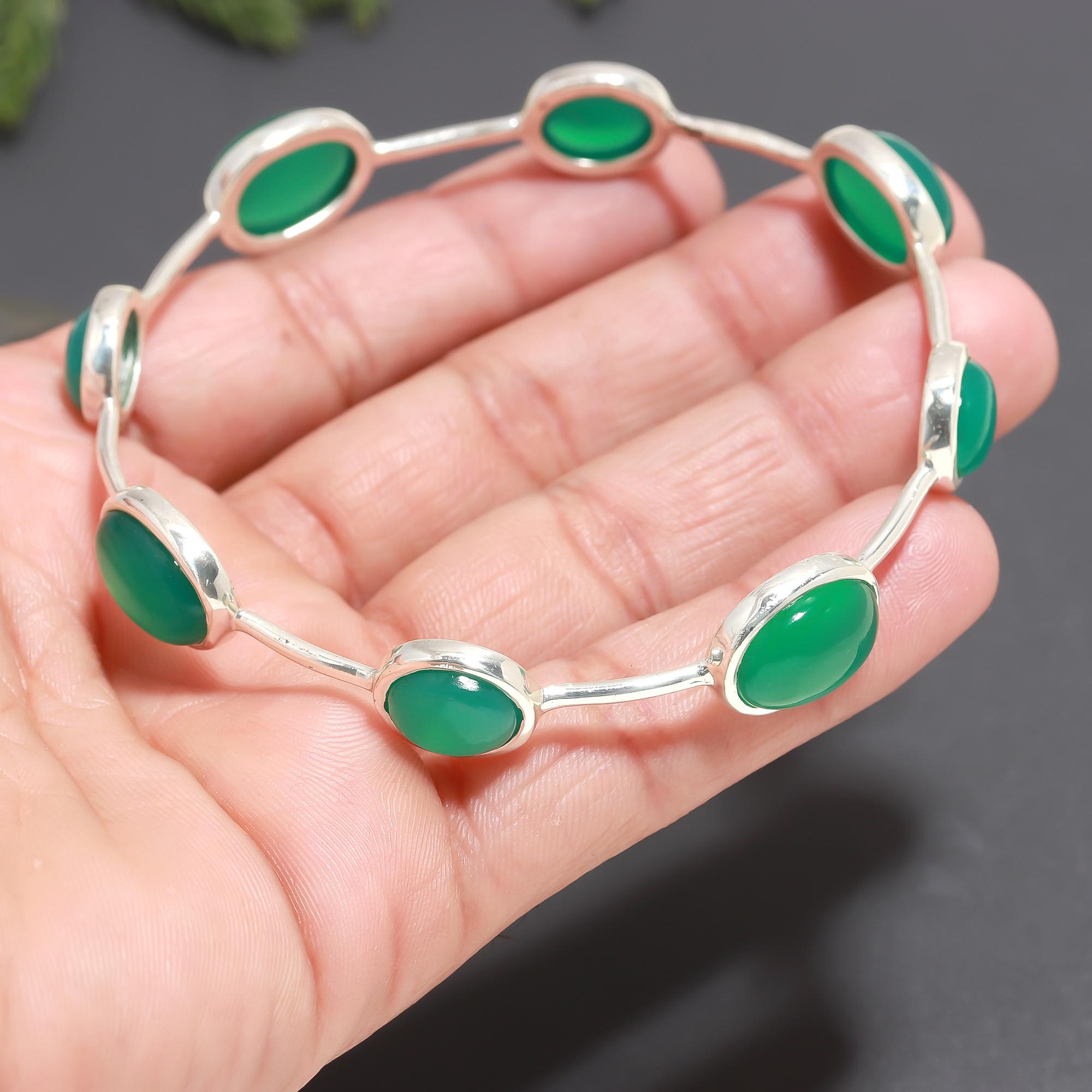 925 Silver Oval Green Onyx Bangle Bracelet