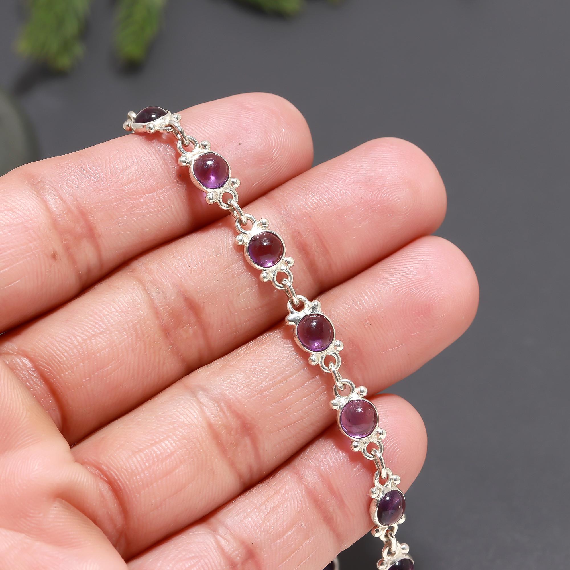 925 Silver Amethyst Floral Link Bracelet