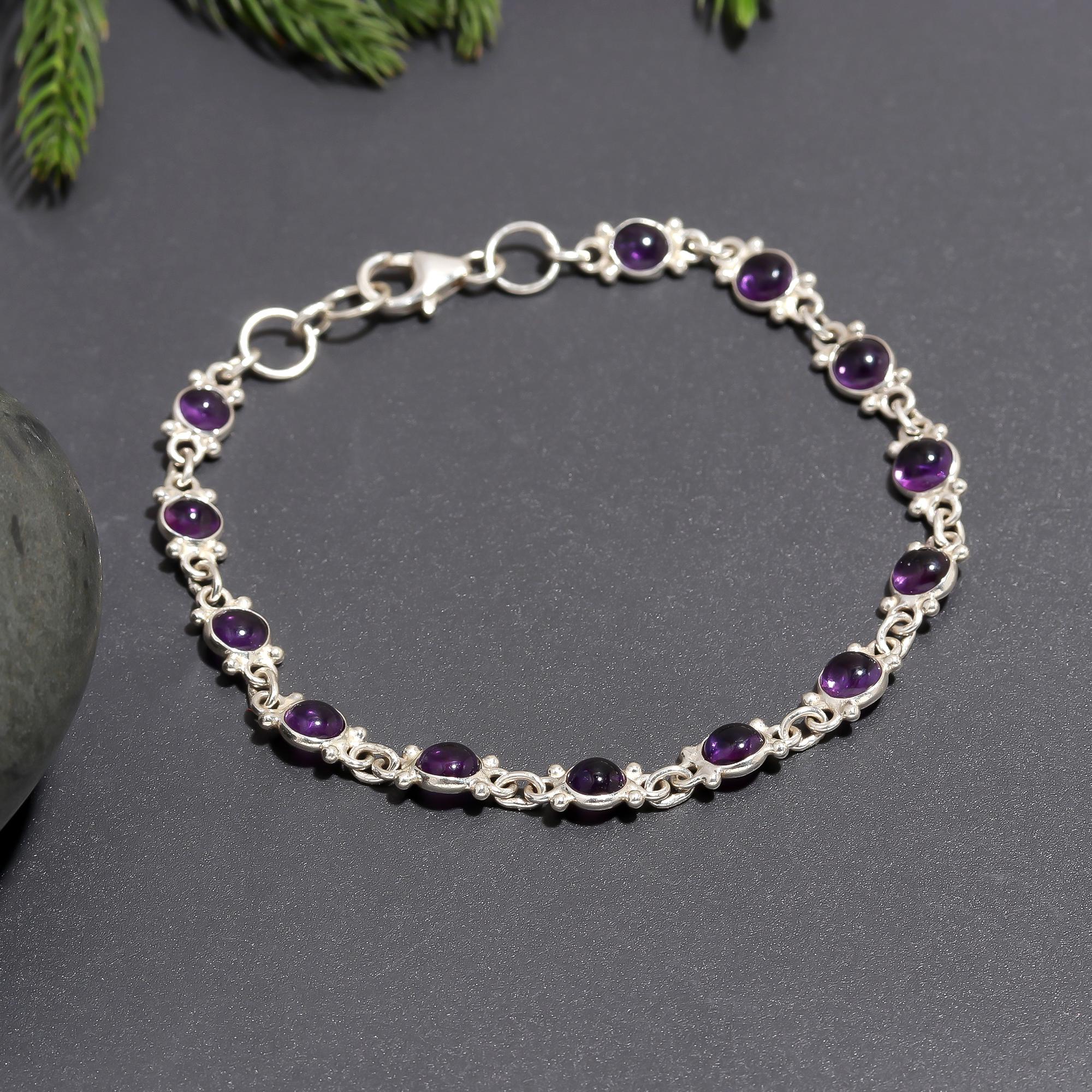925 Silver Amethyst Floral Link Bracelet
