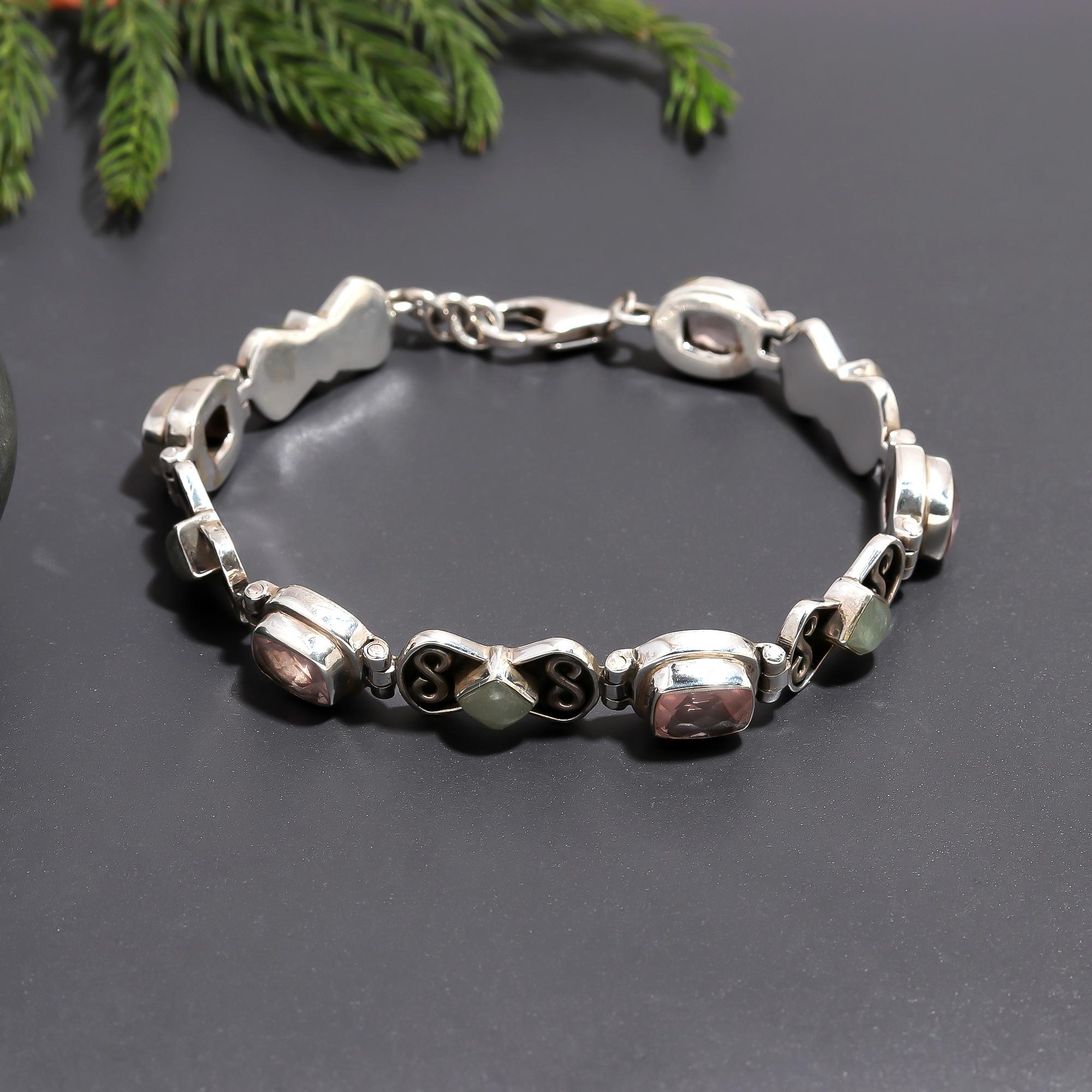 925 Silver Rose Quartz & Green Aventurine Link Bracelet