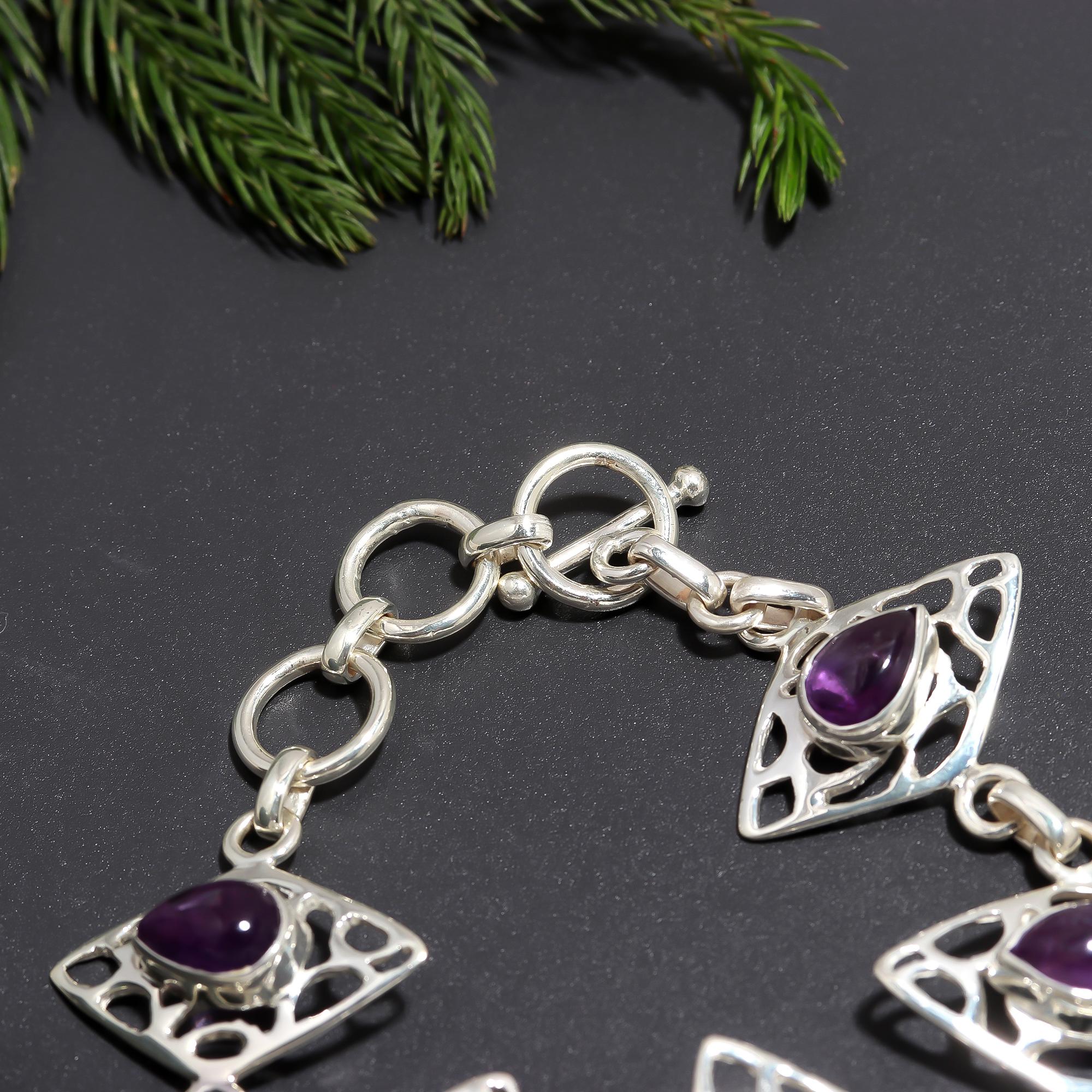 925 Silver Amethyst Teardrop Filigree Link Bracelet