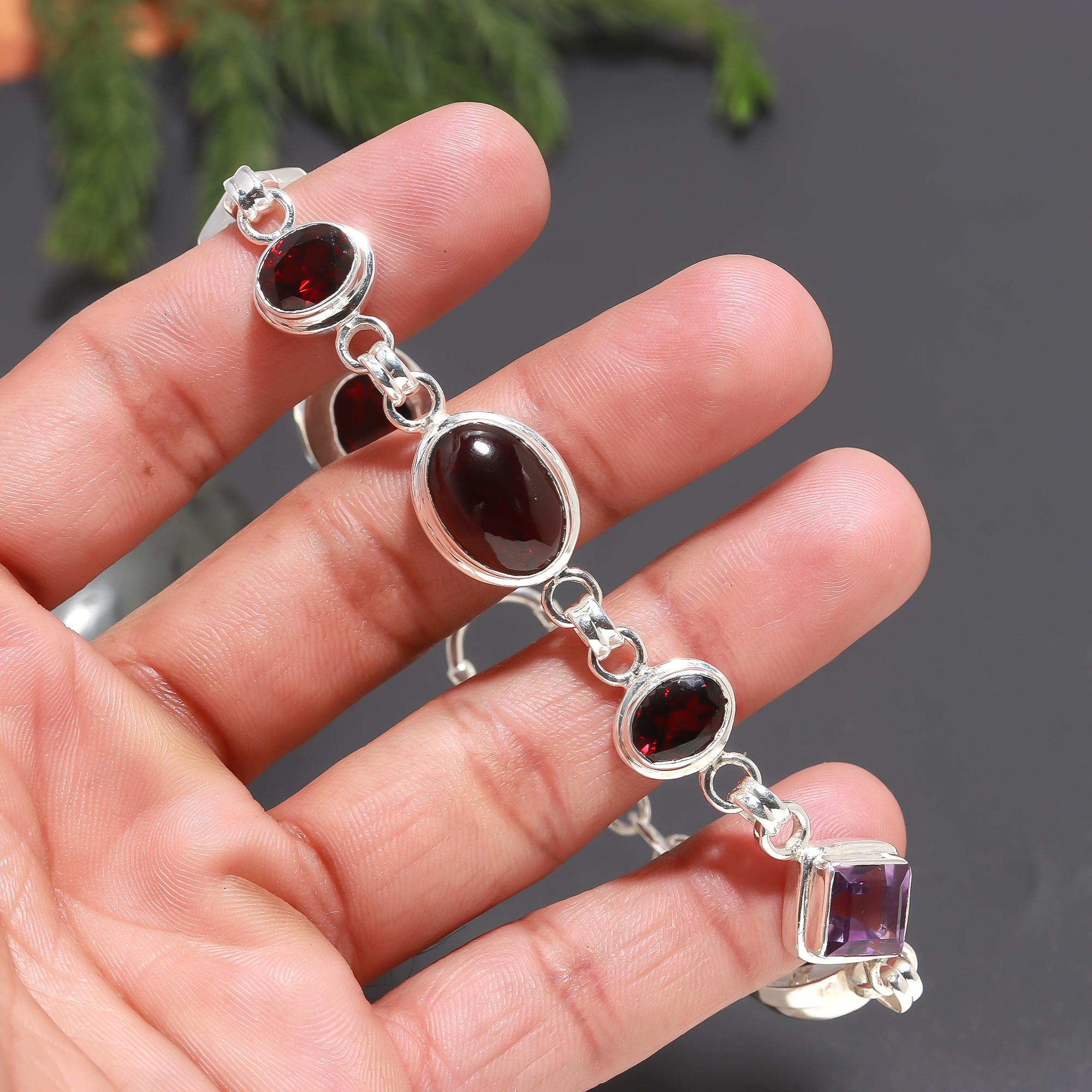 925 Silver Garnet and Amethyst Link Bracelet