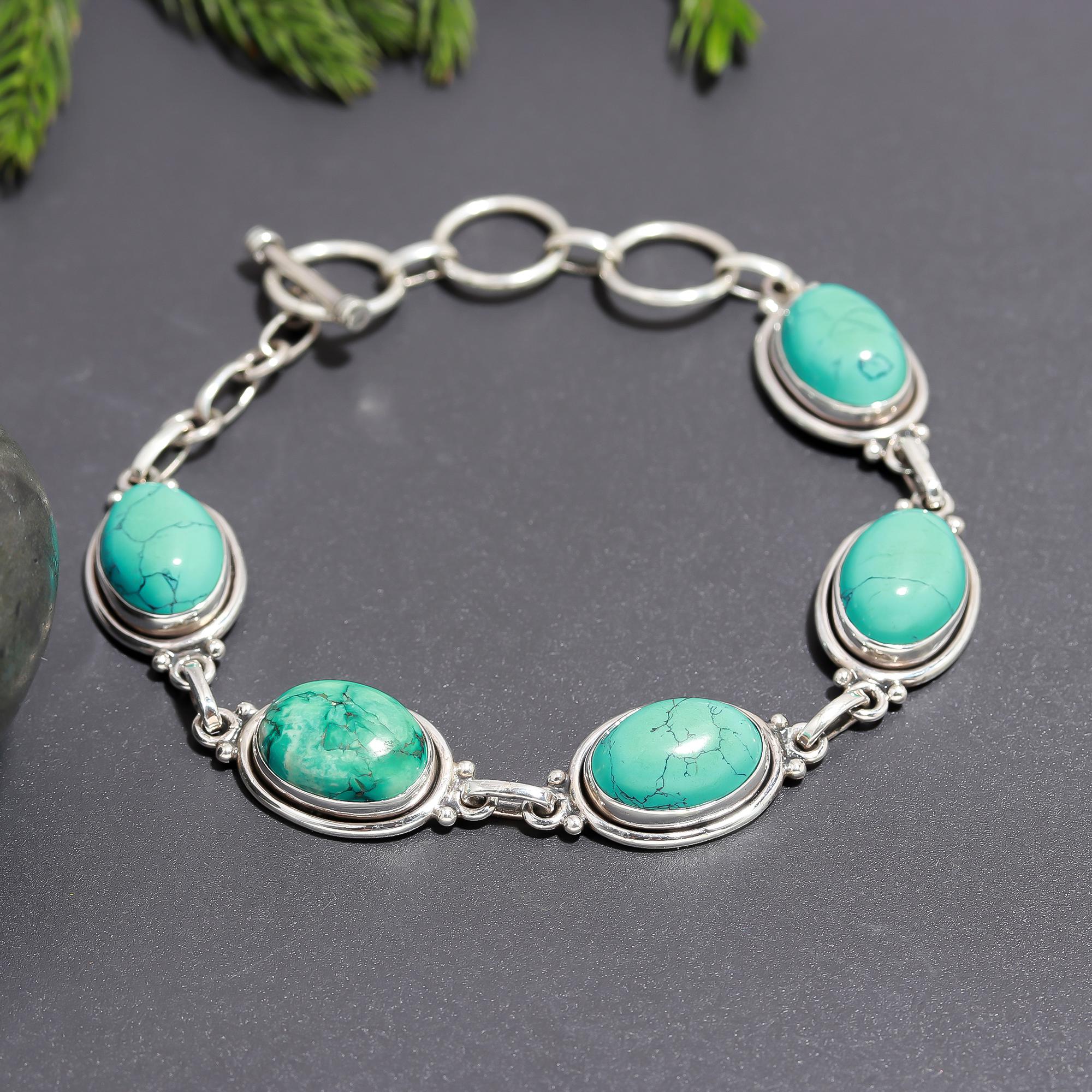 925 Silver Oval Turquoise Link Bracelet