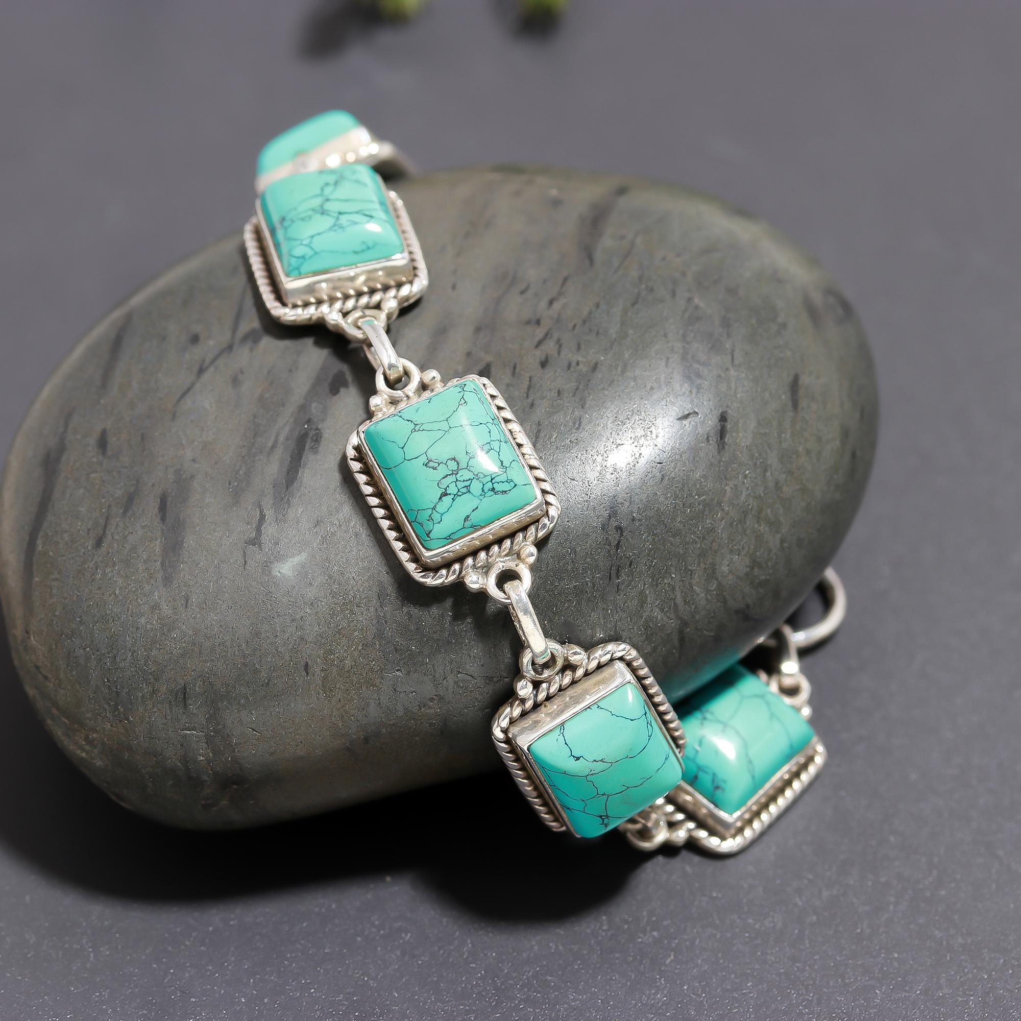 925 Silver Turquoise Rope Frame Link Bracelet