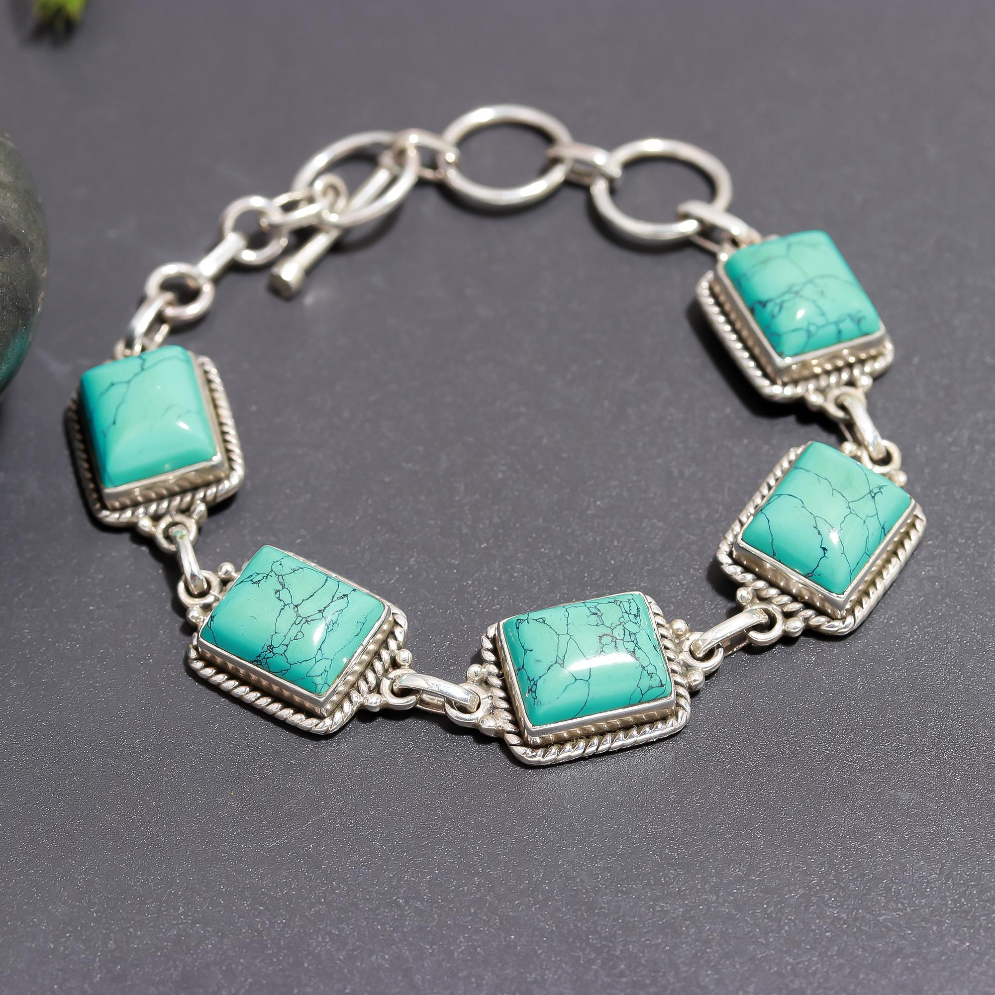 925 Silver Turquoise Rope Frame Link Bracelet