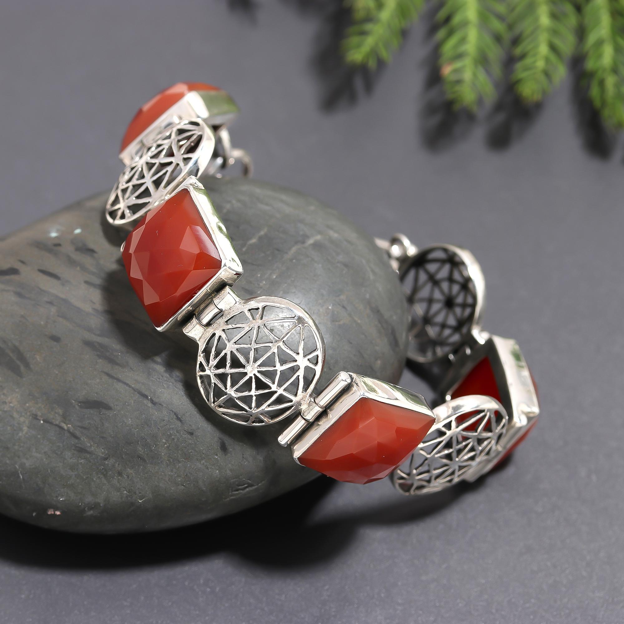 925 Silver Carnelian Link Bracelet