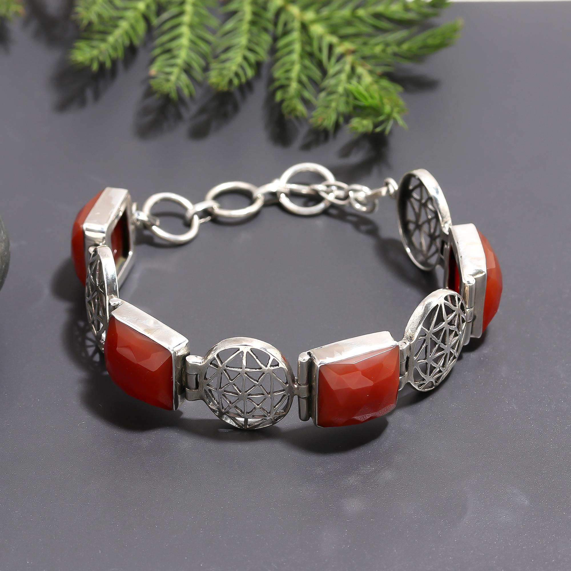 925 Silver Carnelian Link Bracelet