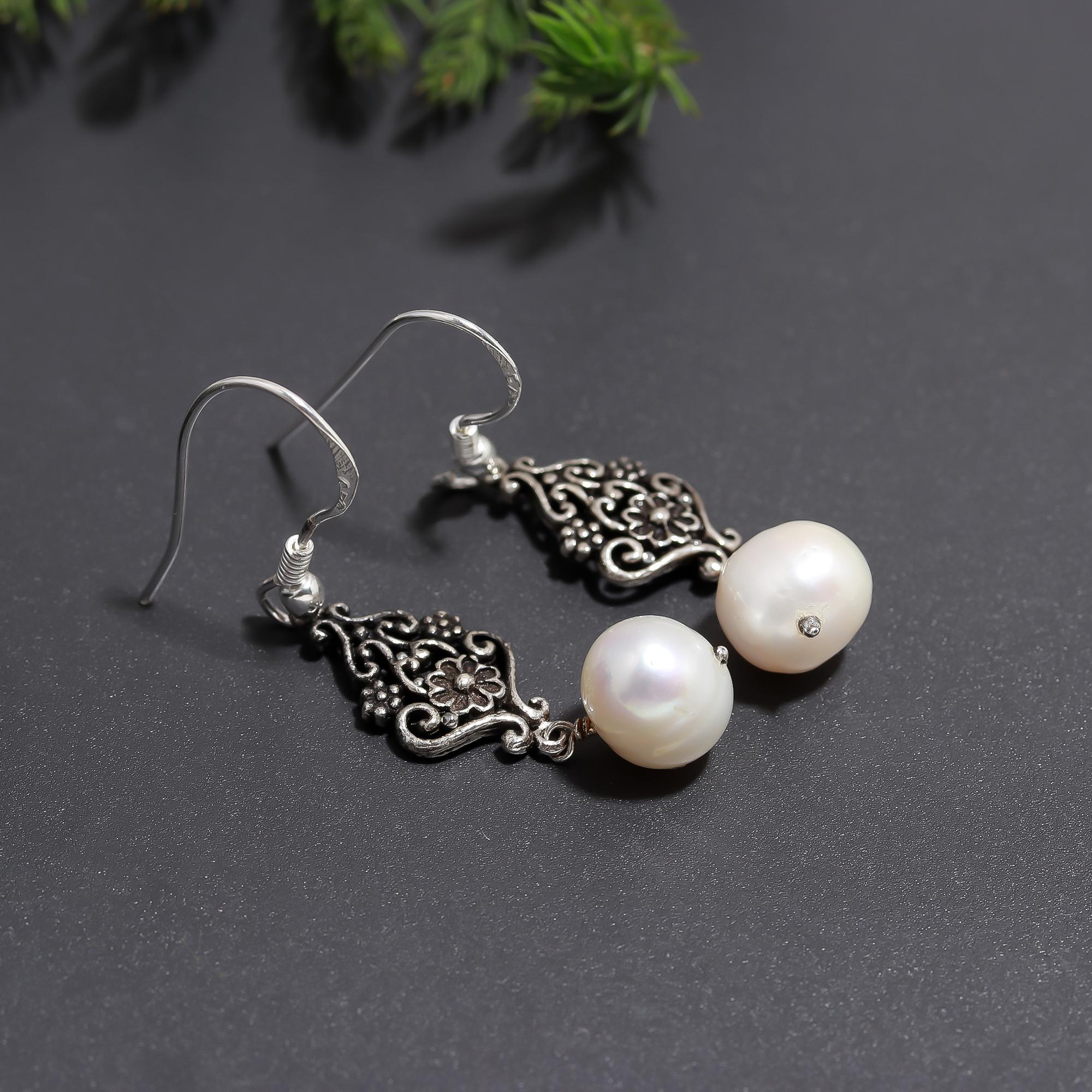 925 Silver Floral Pearl Drop Earrings