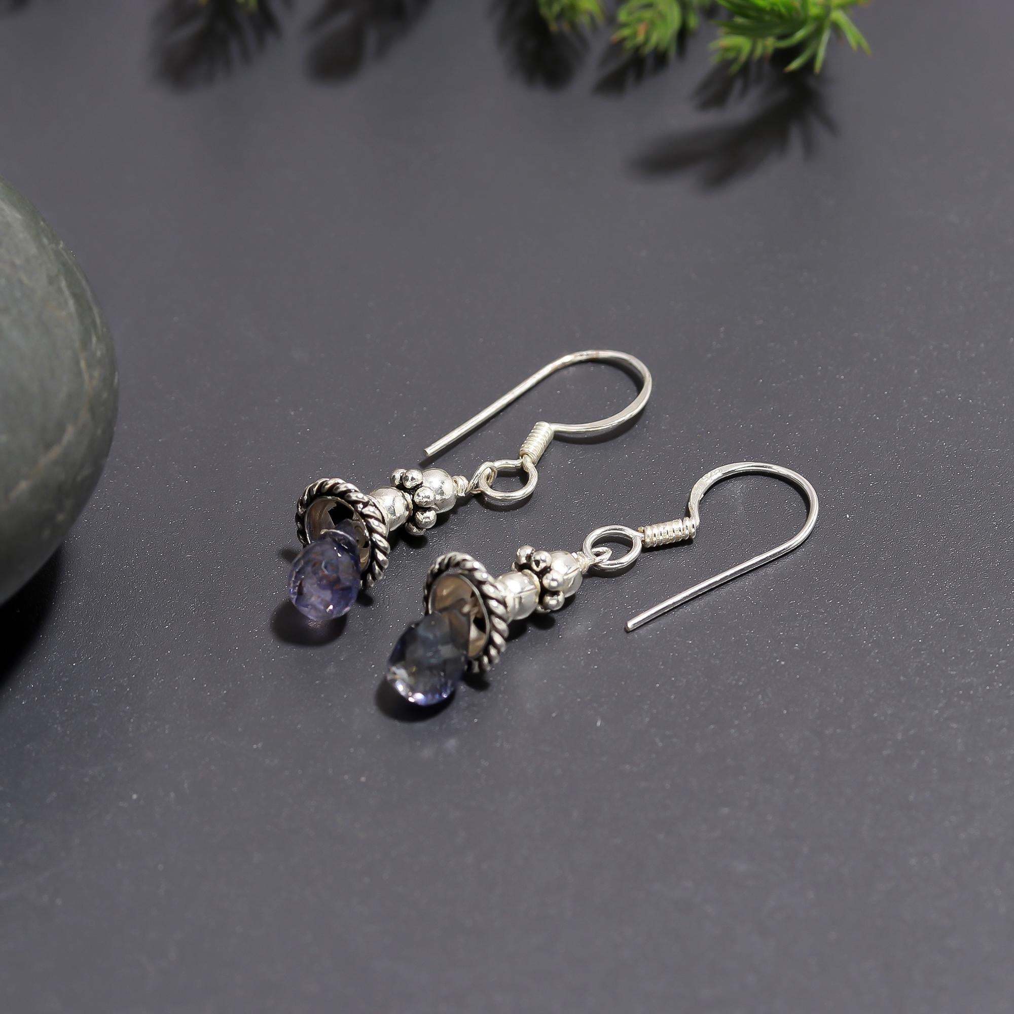 925 Silver Iolite Beaded Drop Earrings