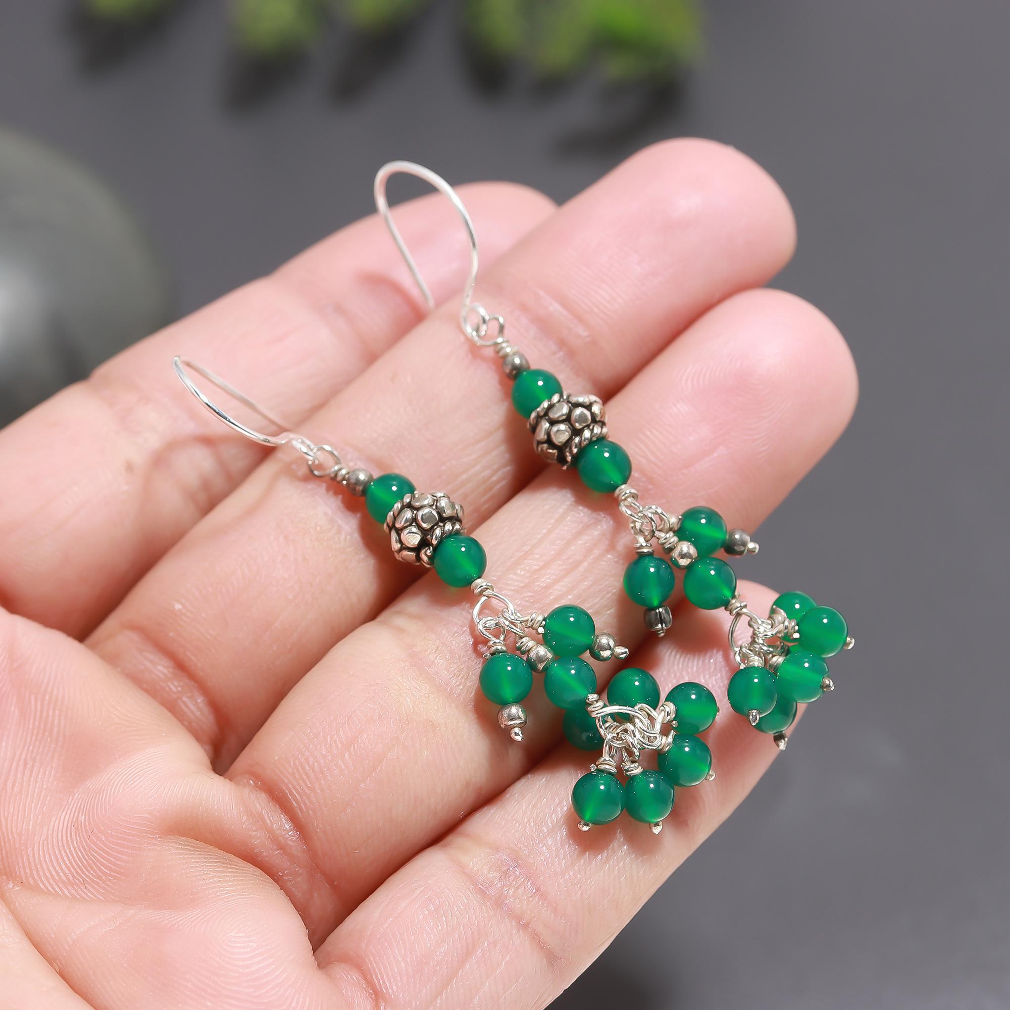925 Silver Green Onyx Cluster Drop Earrings