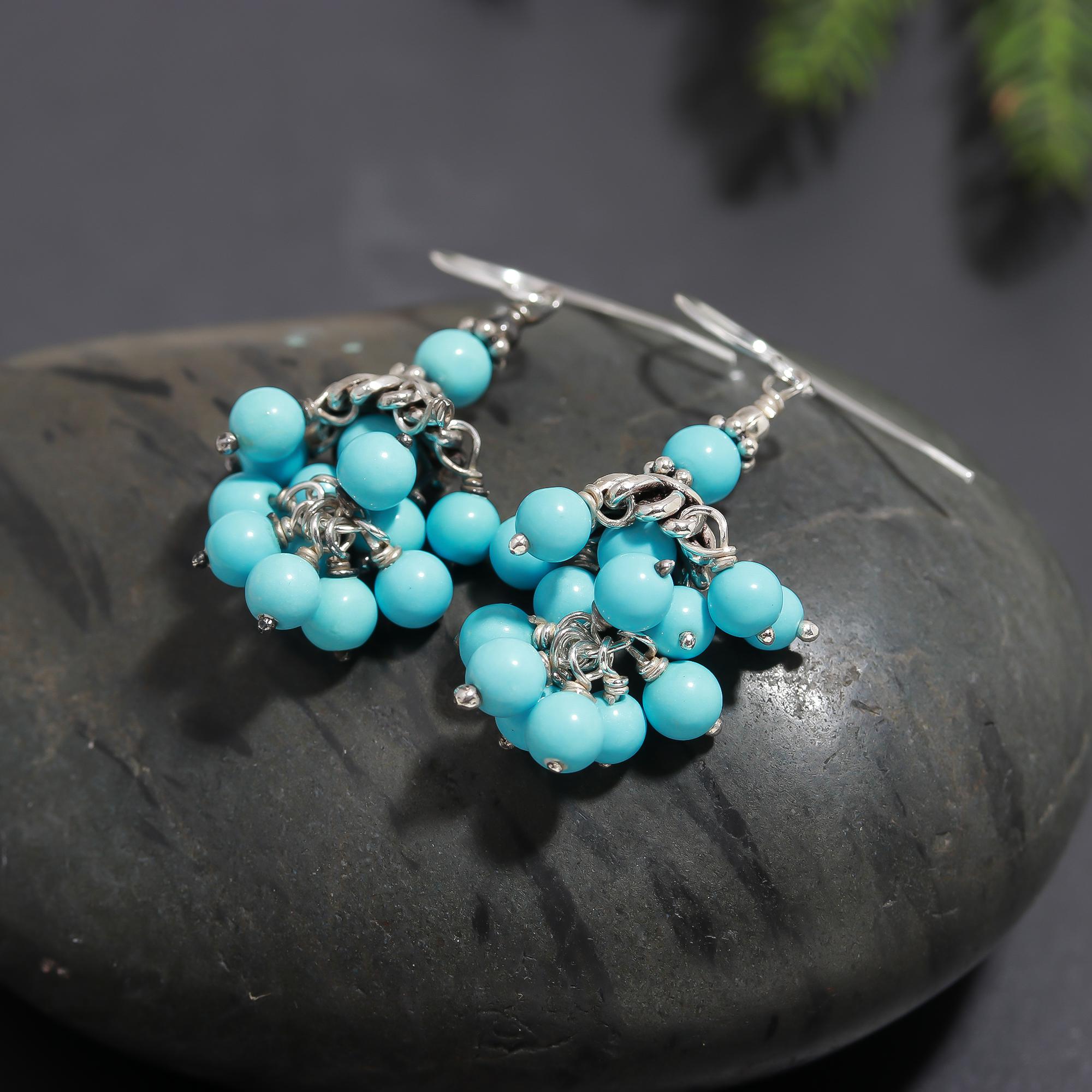 925 Silver Turquoise Beads Dangle Earrings