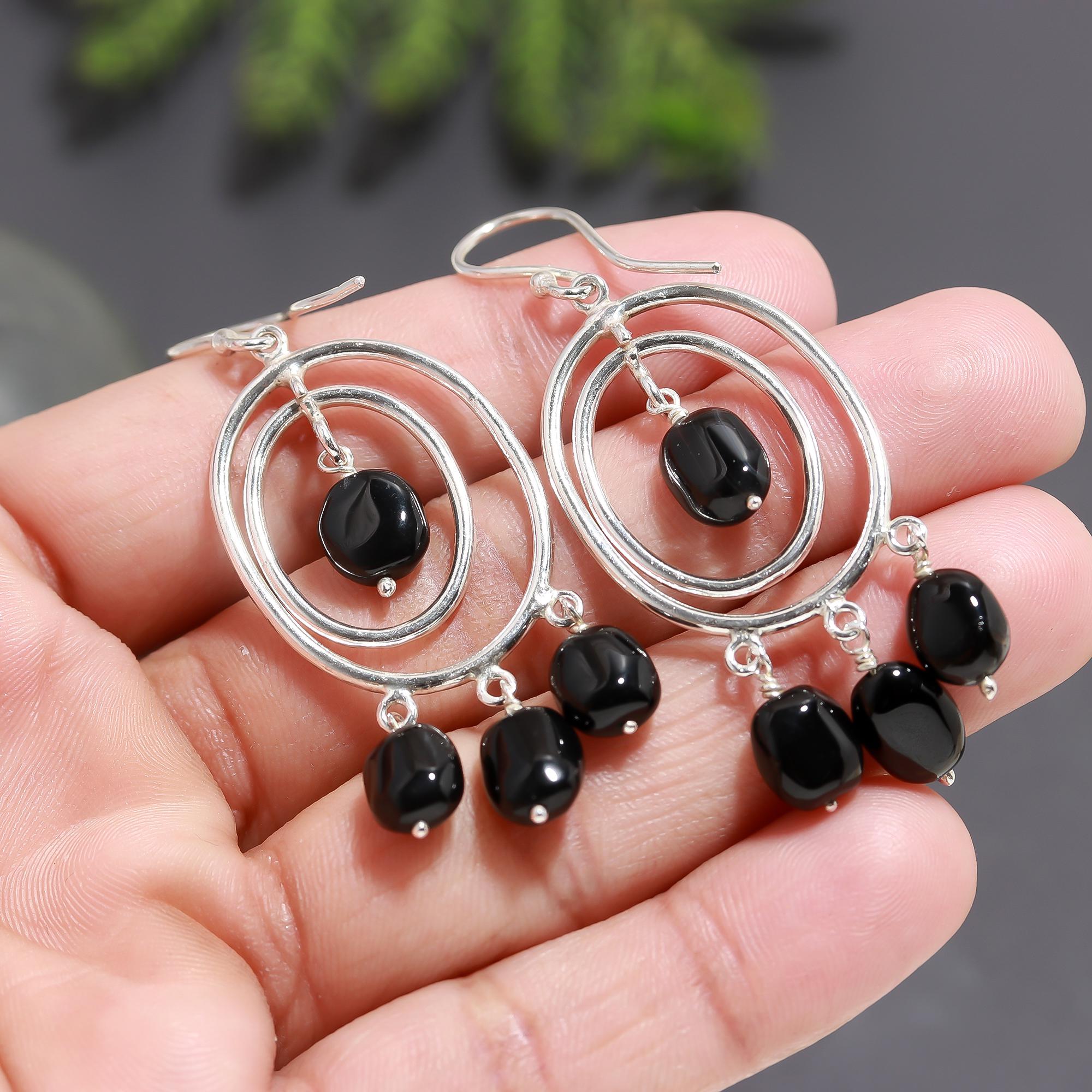 925 Silver Black Beaded Double Hoop Dangle Earrings