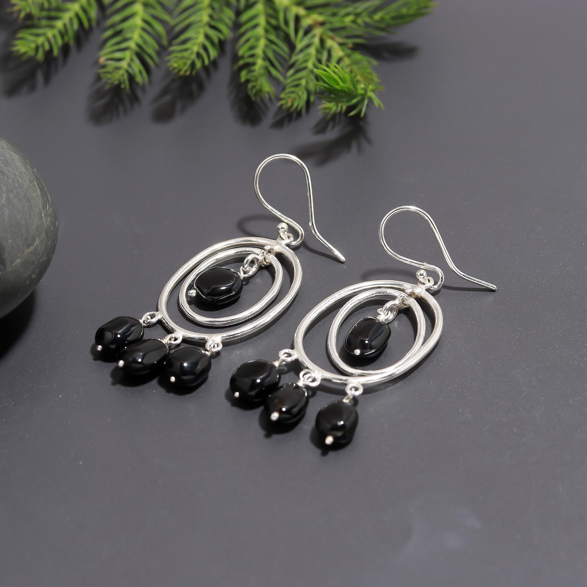925 Silver Black Beaded Double Hoop Dangle Earrings