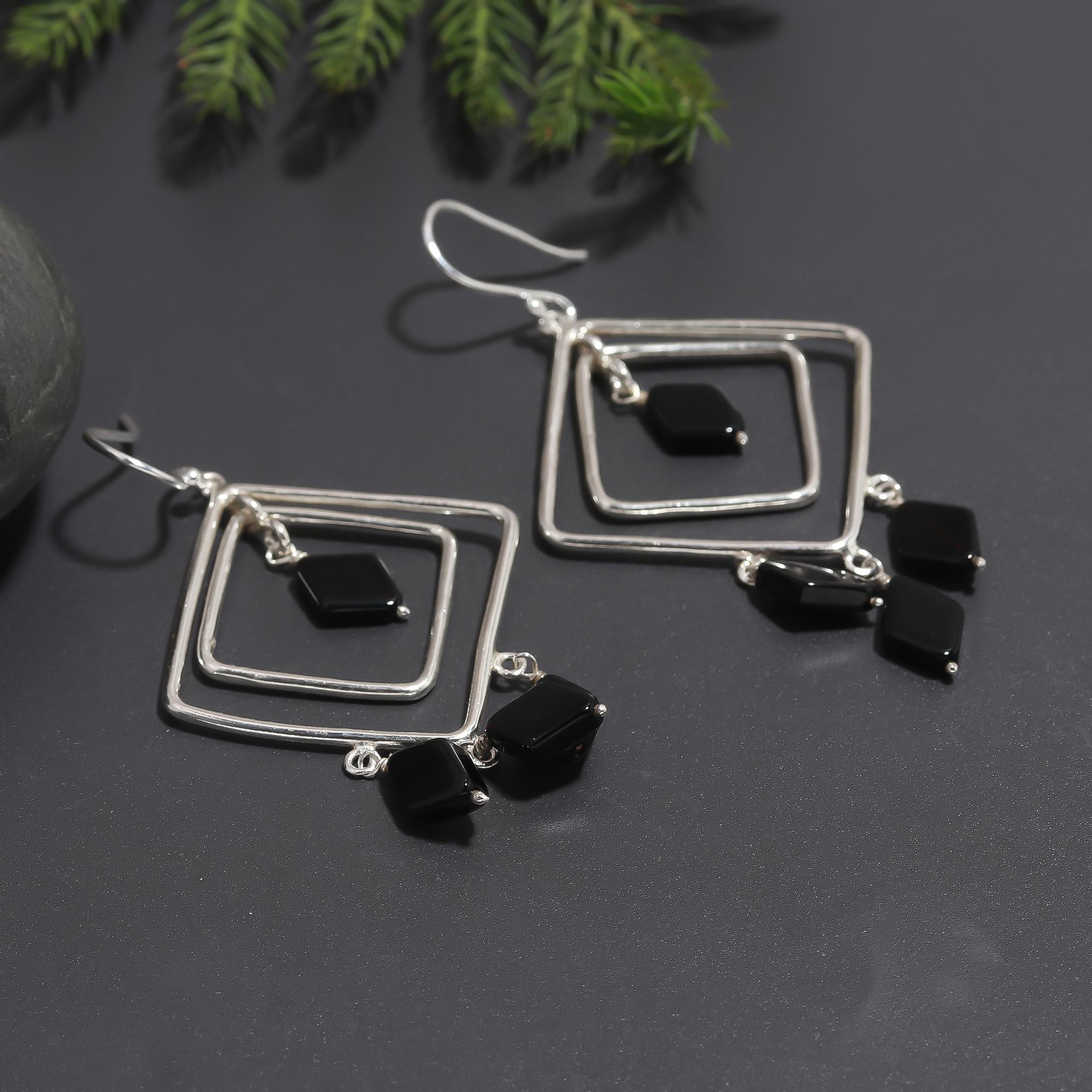 925 Silver Black Onyx Dangle Earrings