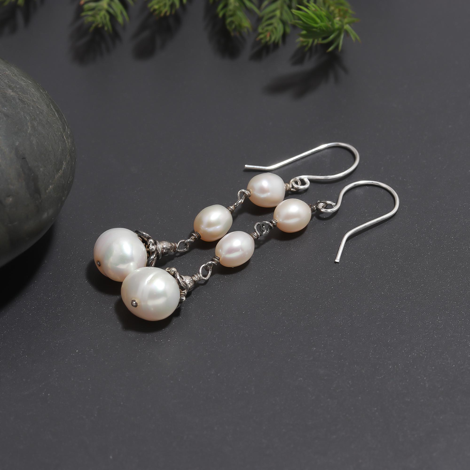 925 Silver Pearl Long Dangle Earrings