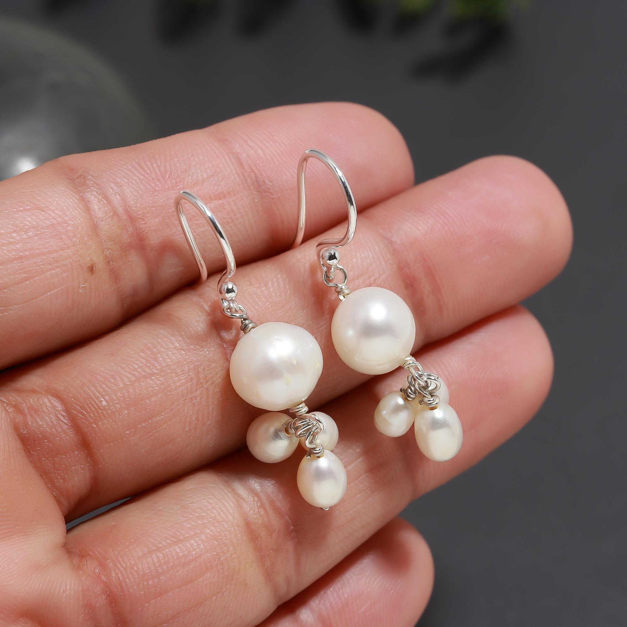 925 Silver White Pearl Cluster Dangle Earrings