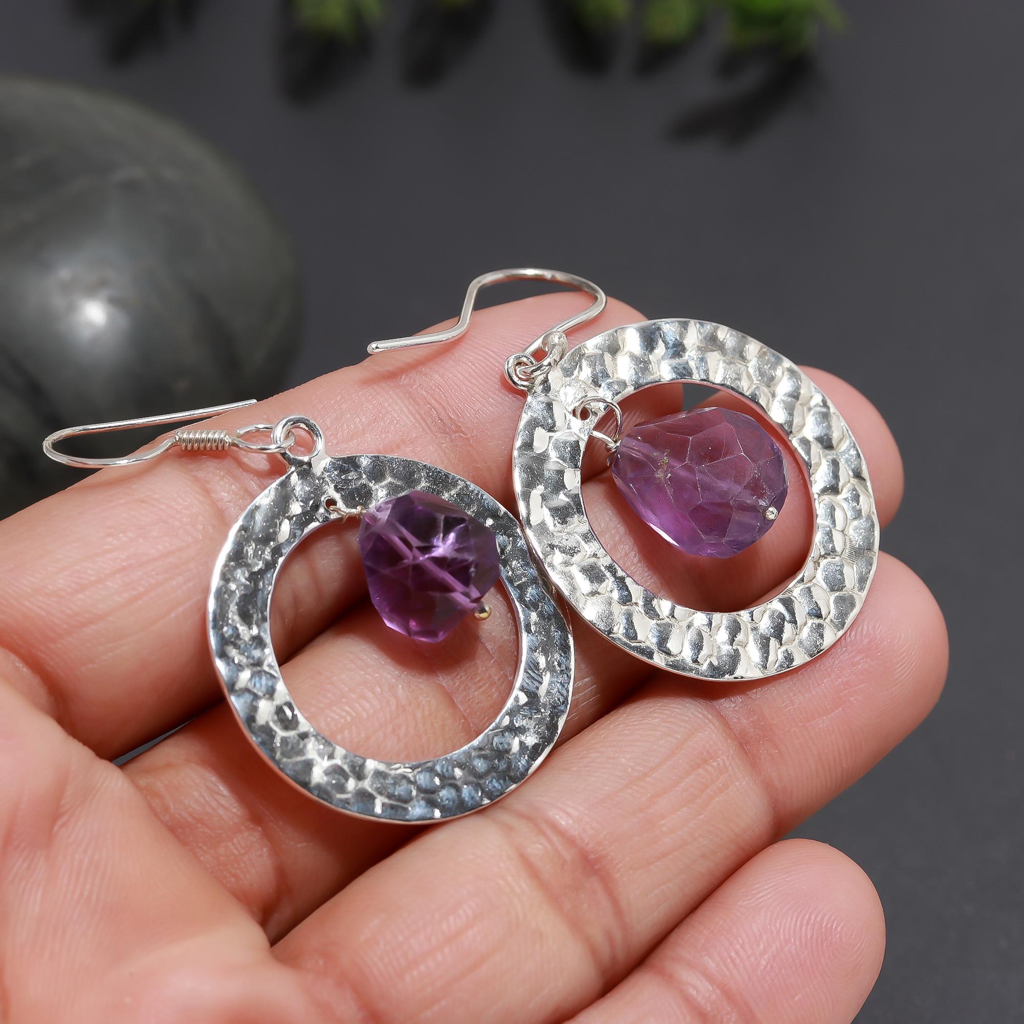 925 Silver Hammered Circle Amethyst Dangle Earrings