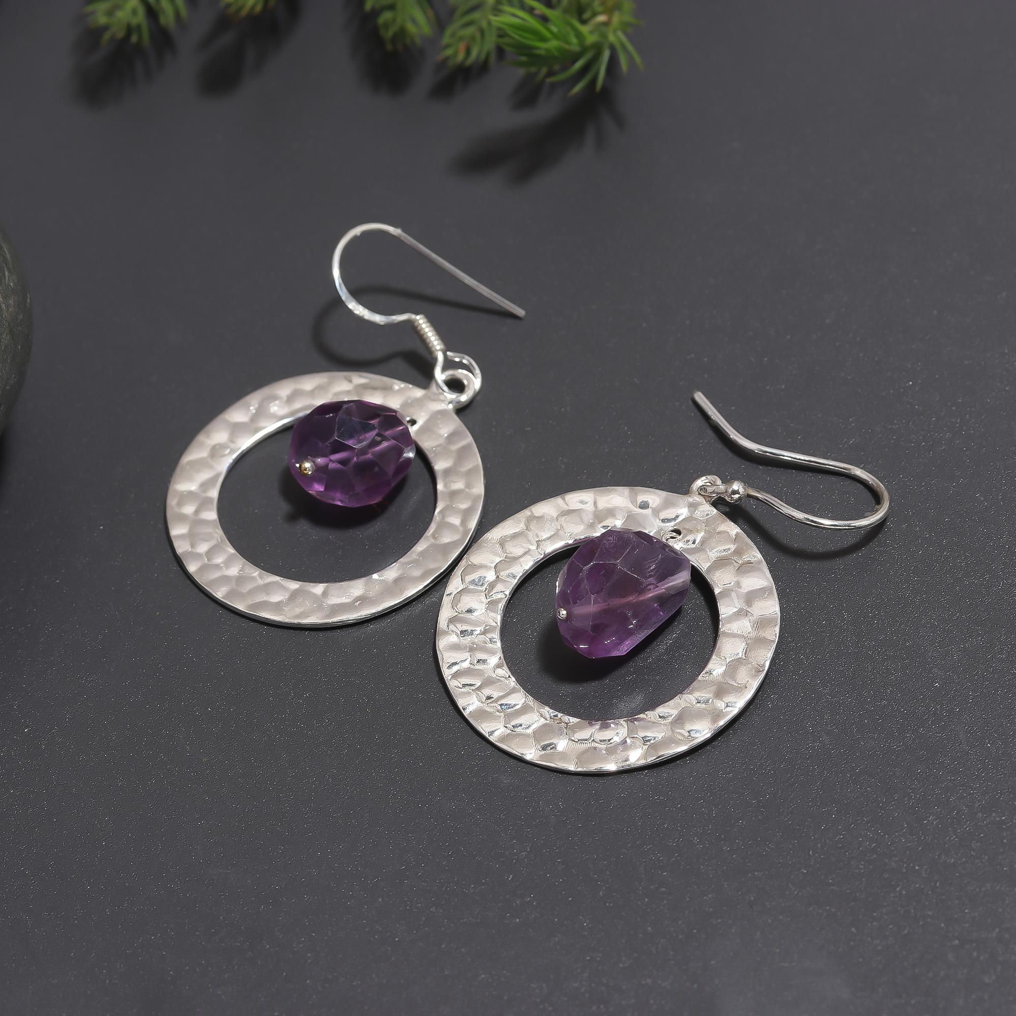 925 Silver Hammered Circle Amethyst Dangle Earrings