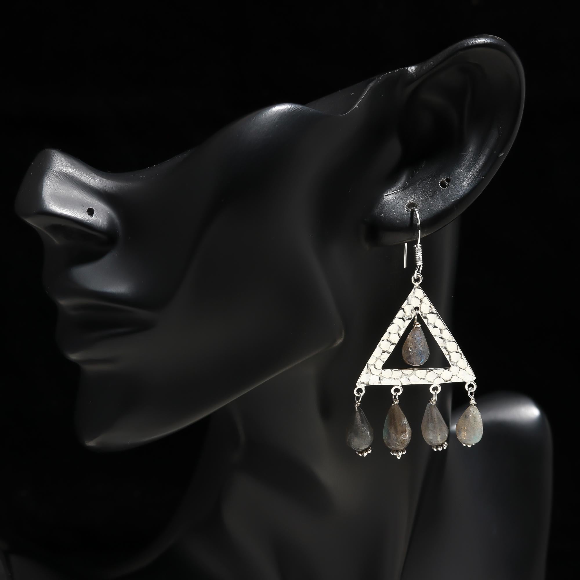 925 Silver Hammered Triangle Labradorite Dangle Earrings