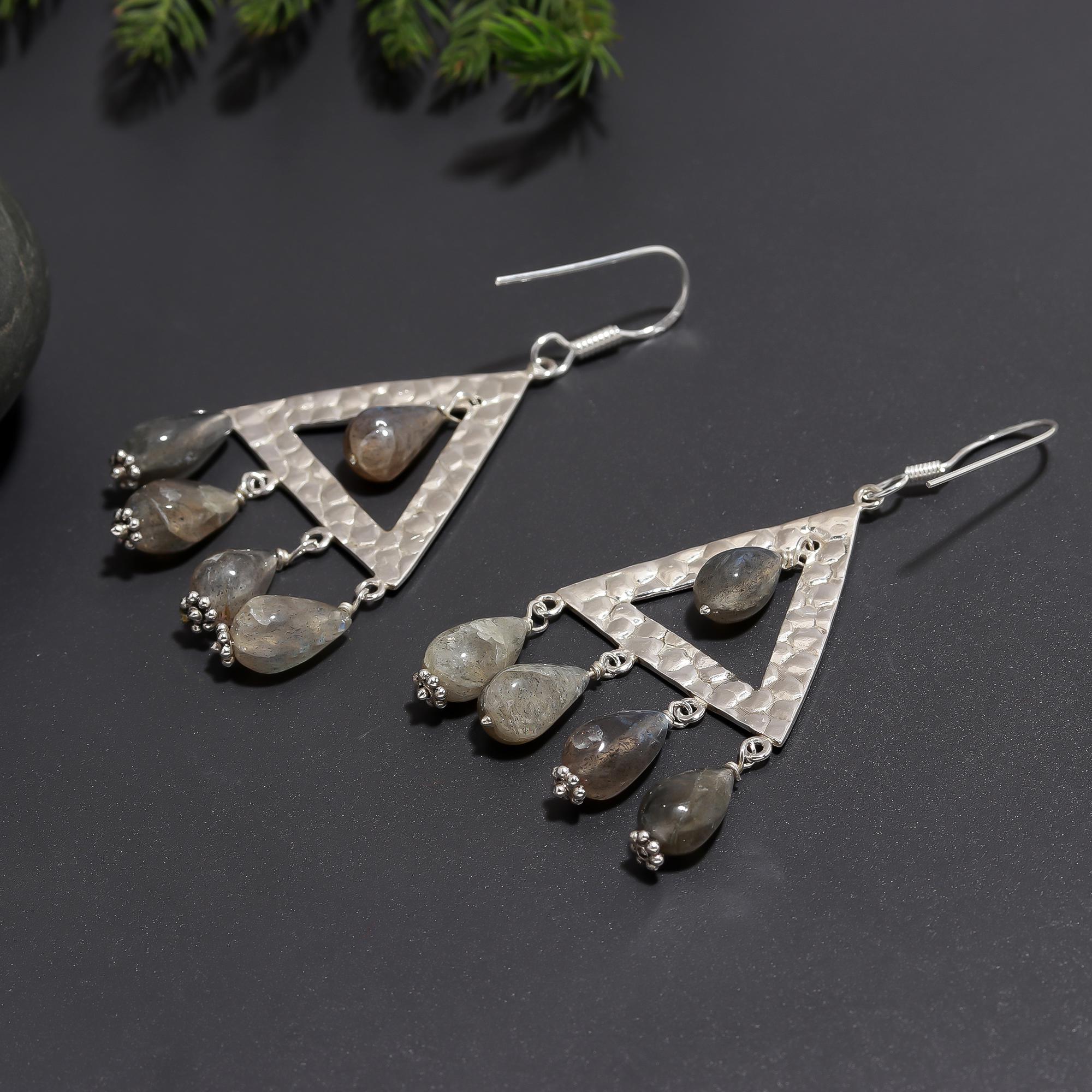 925 Silver Hammered Triangle Labradorite Dangle Earrings
