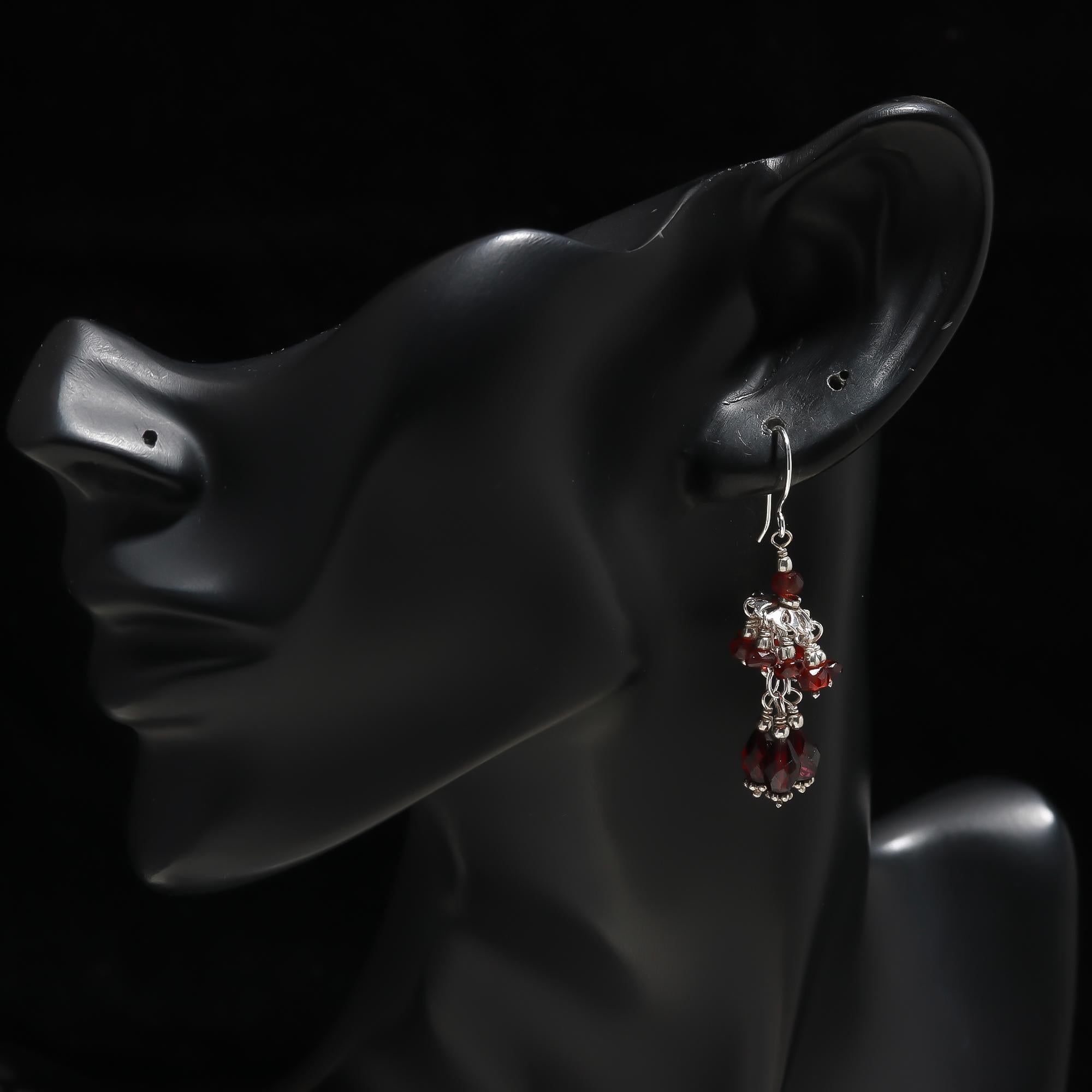 925 Silver Garnet Beads Cluster Dangle Earrings