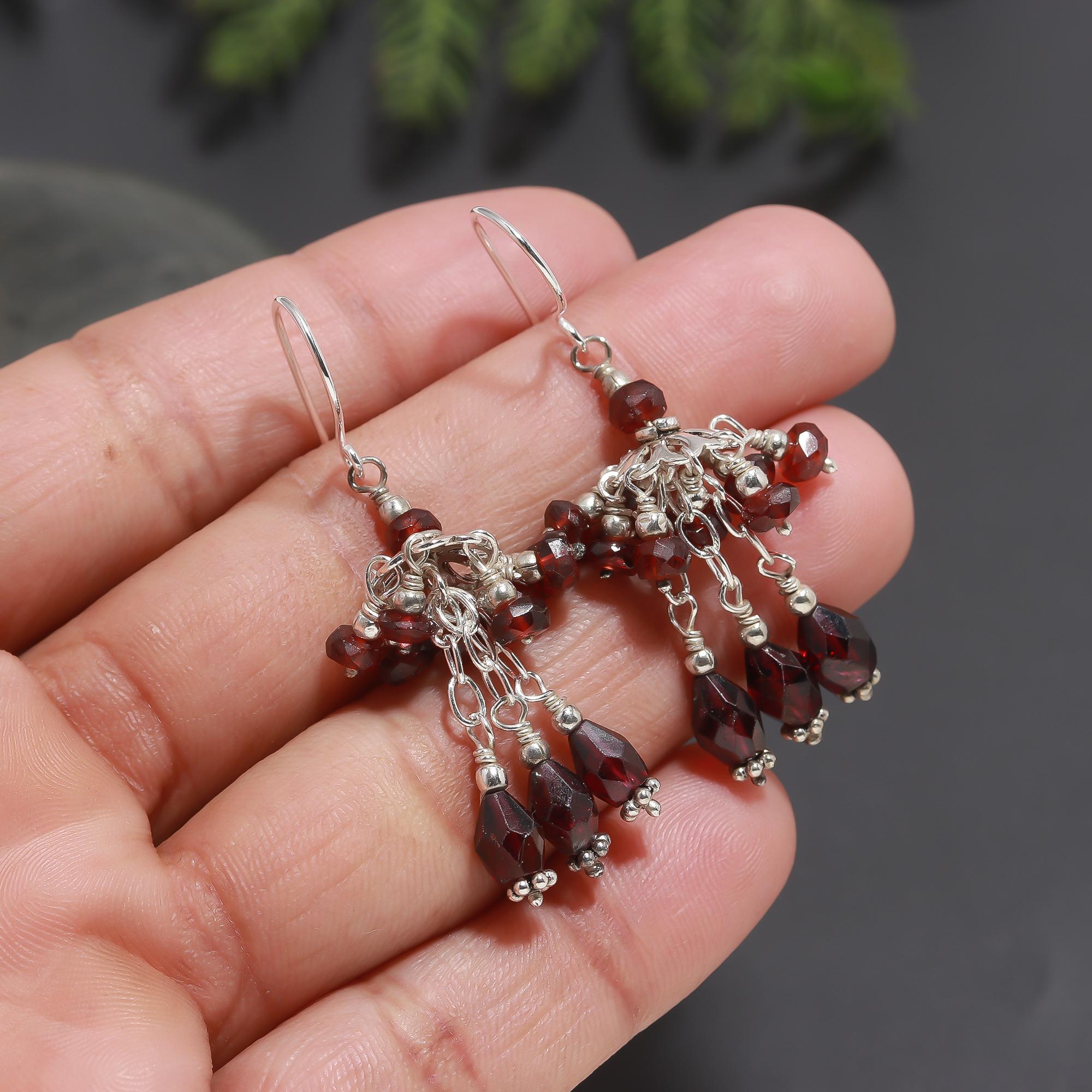 925 Silver Garnet Beads Cluster Dangle Earrings