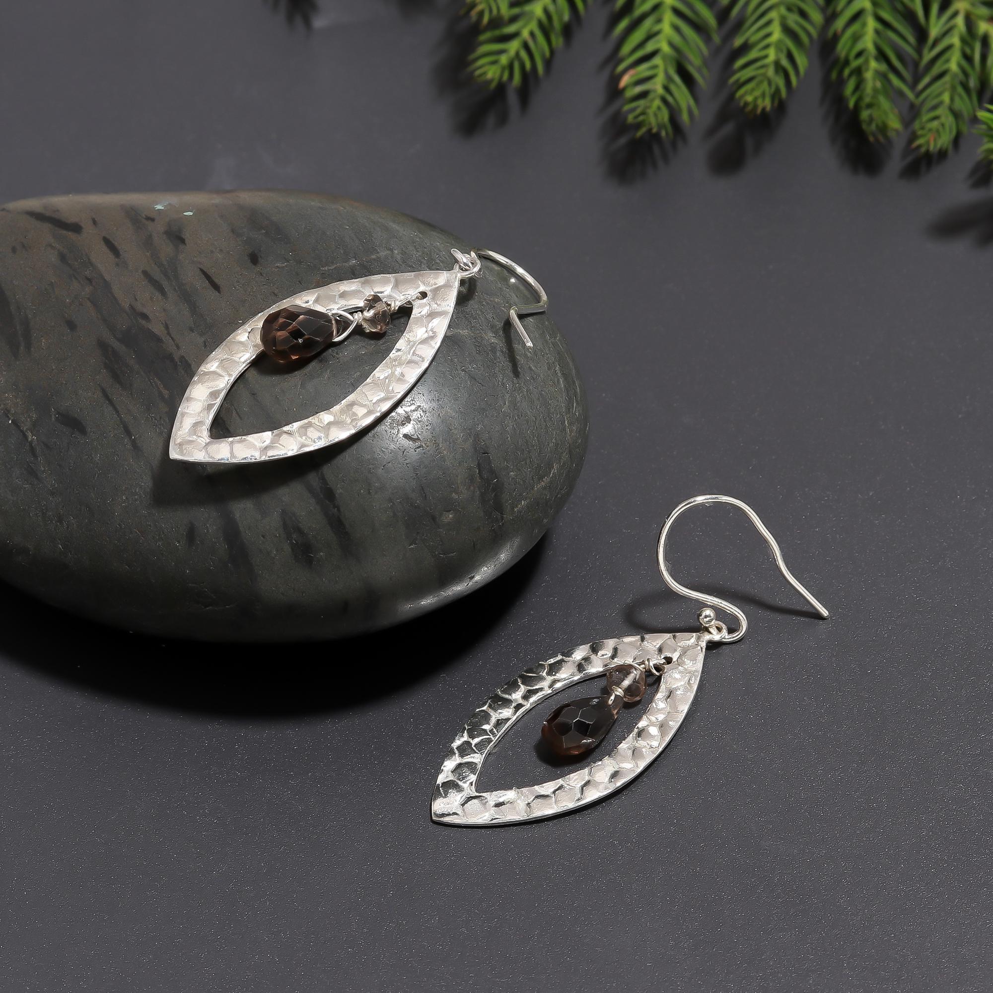 925 Silver Hammered Garnet Dangle Earrings