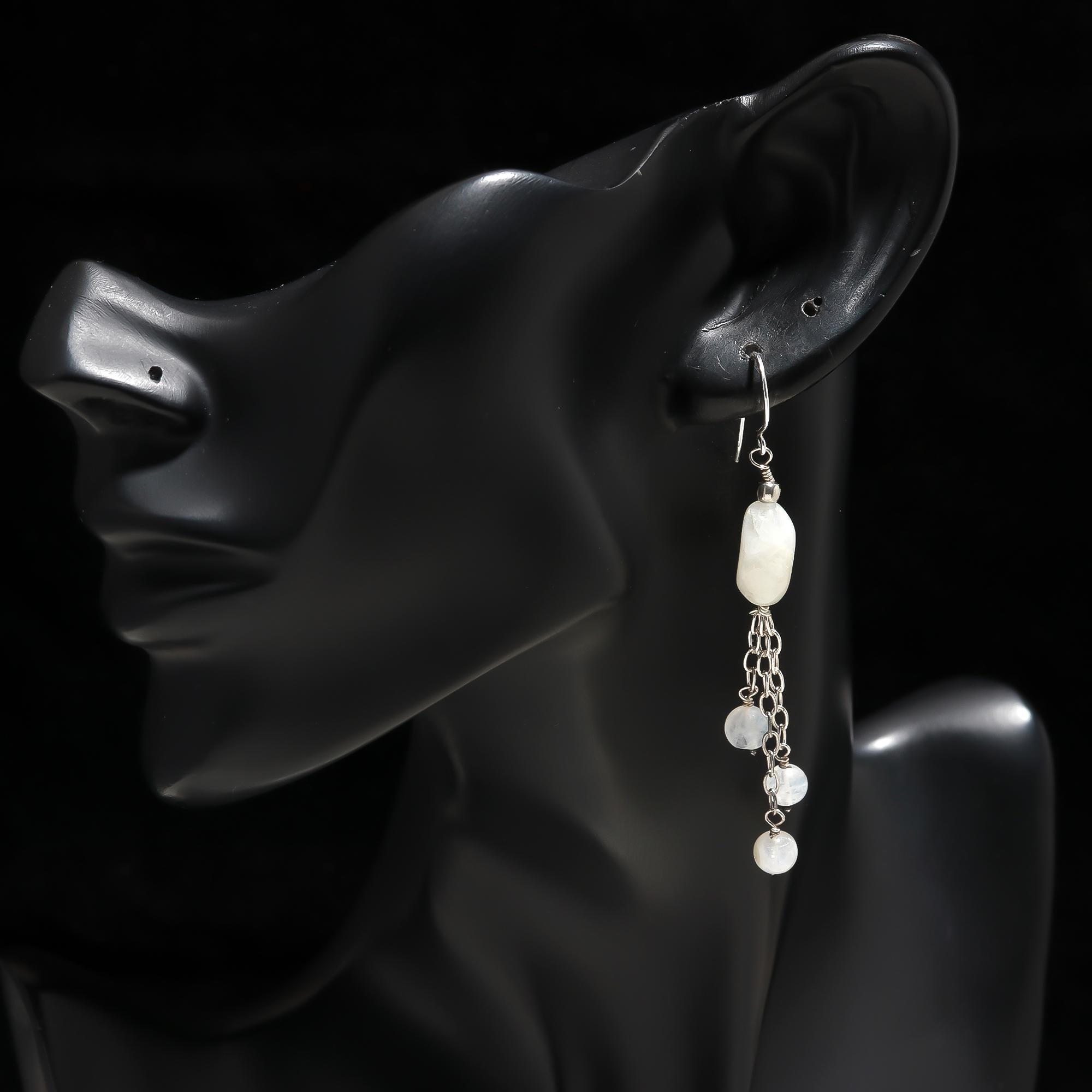 925 Silver Moonstone Beads Tassel Dangle Earrings