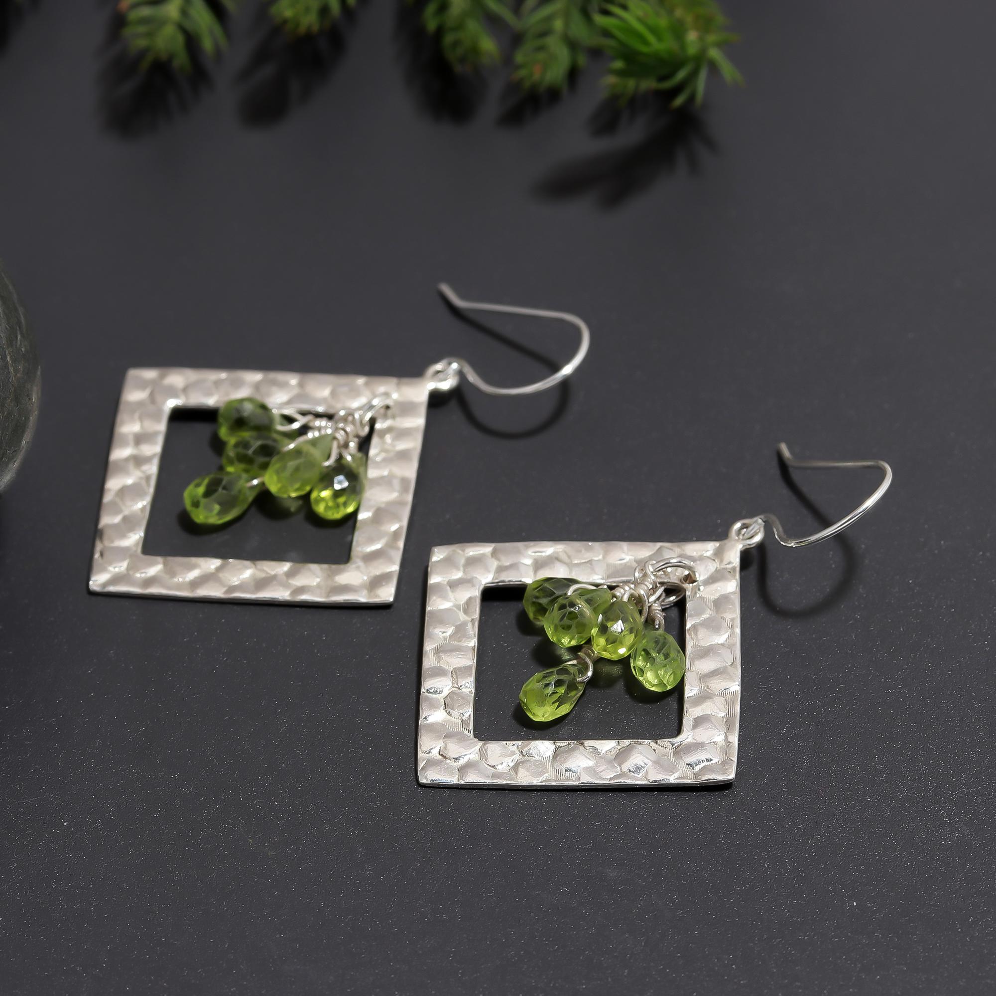 925 Silver Hammered Square Peridot Dangle Earrings