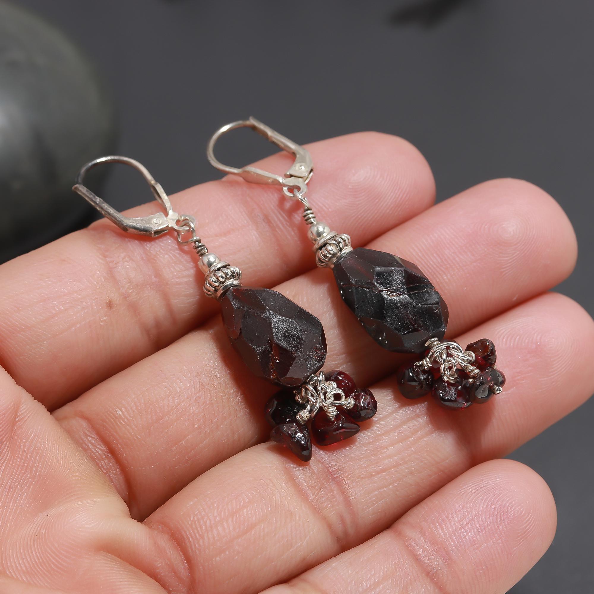 925 Silver Garnet Beads Cluster Dangle Earrings