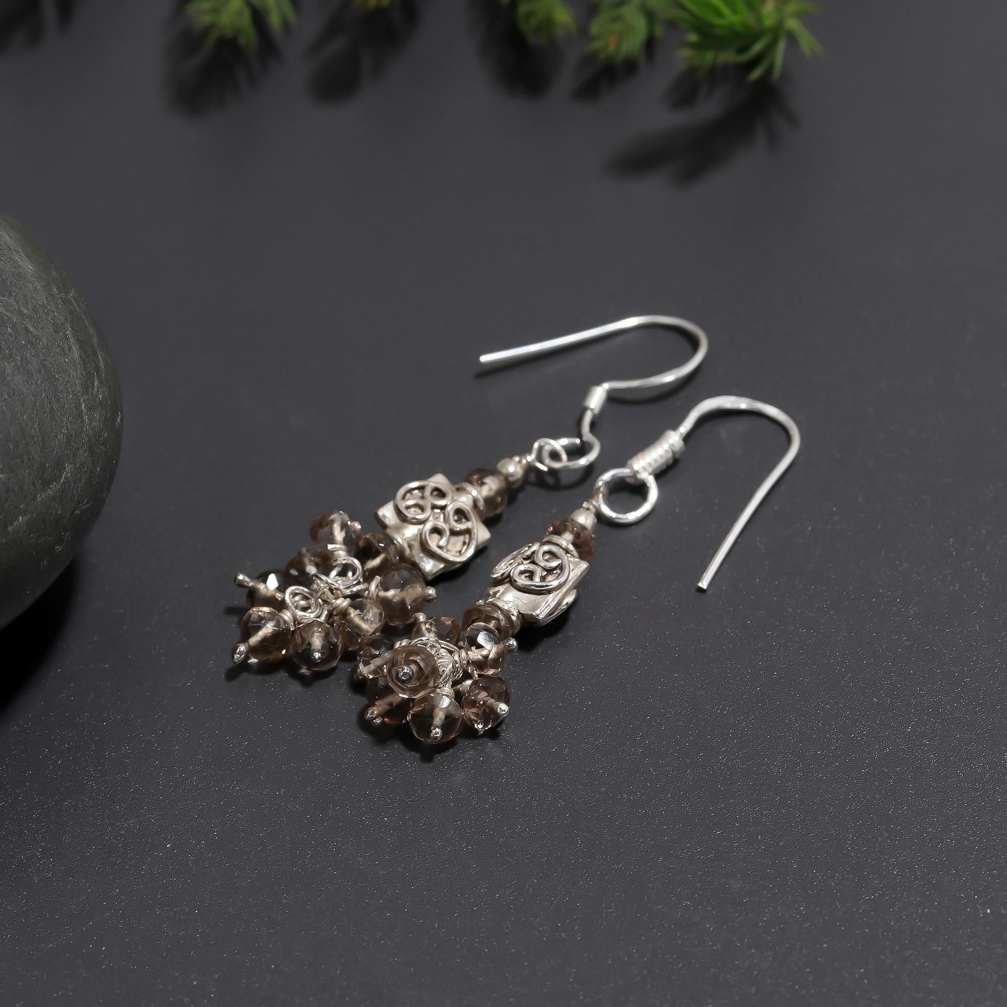 925 Silver Smoky Quartz Beads Dangle Earrings